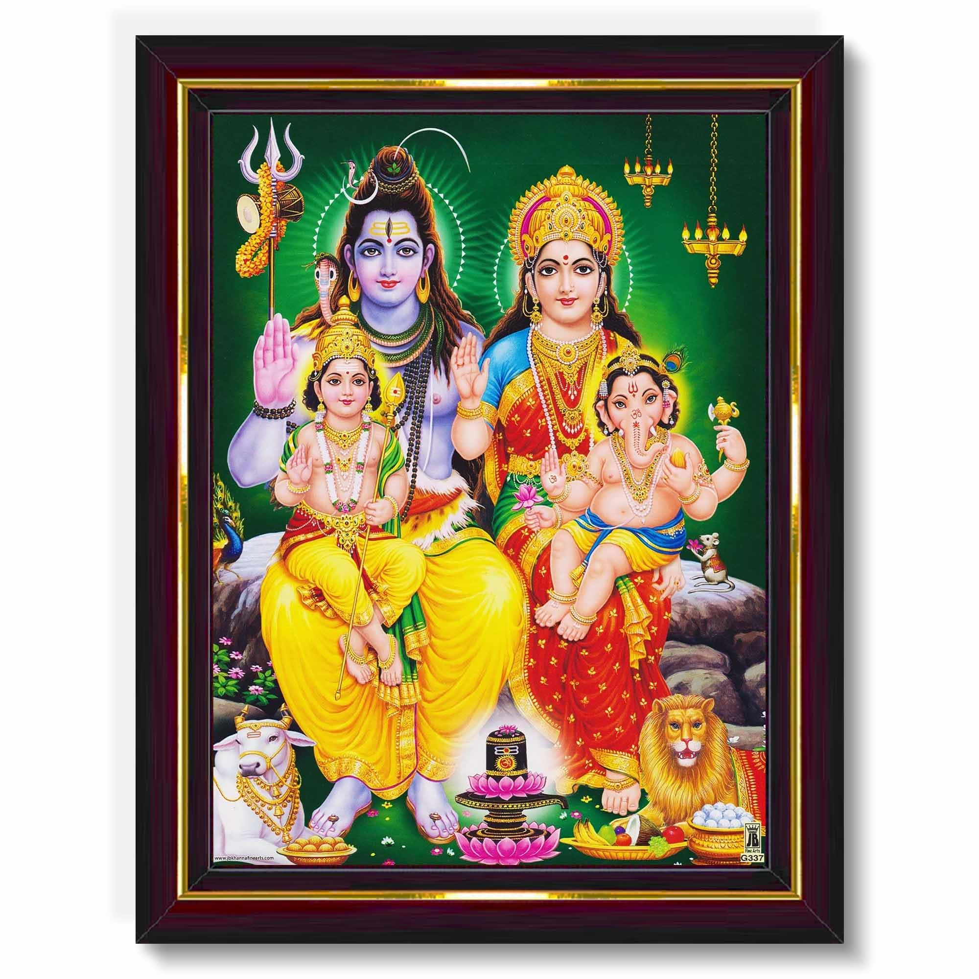 Pavan Photo Laminations Shiv Parivar Family Siva Parvati Lord Shiva Wall Painting Framed Home Decor (Wood,Matte,Brown,Small Size,6 x 8 Inch) B145S