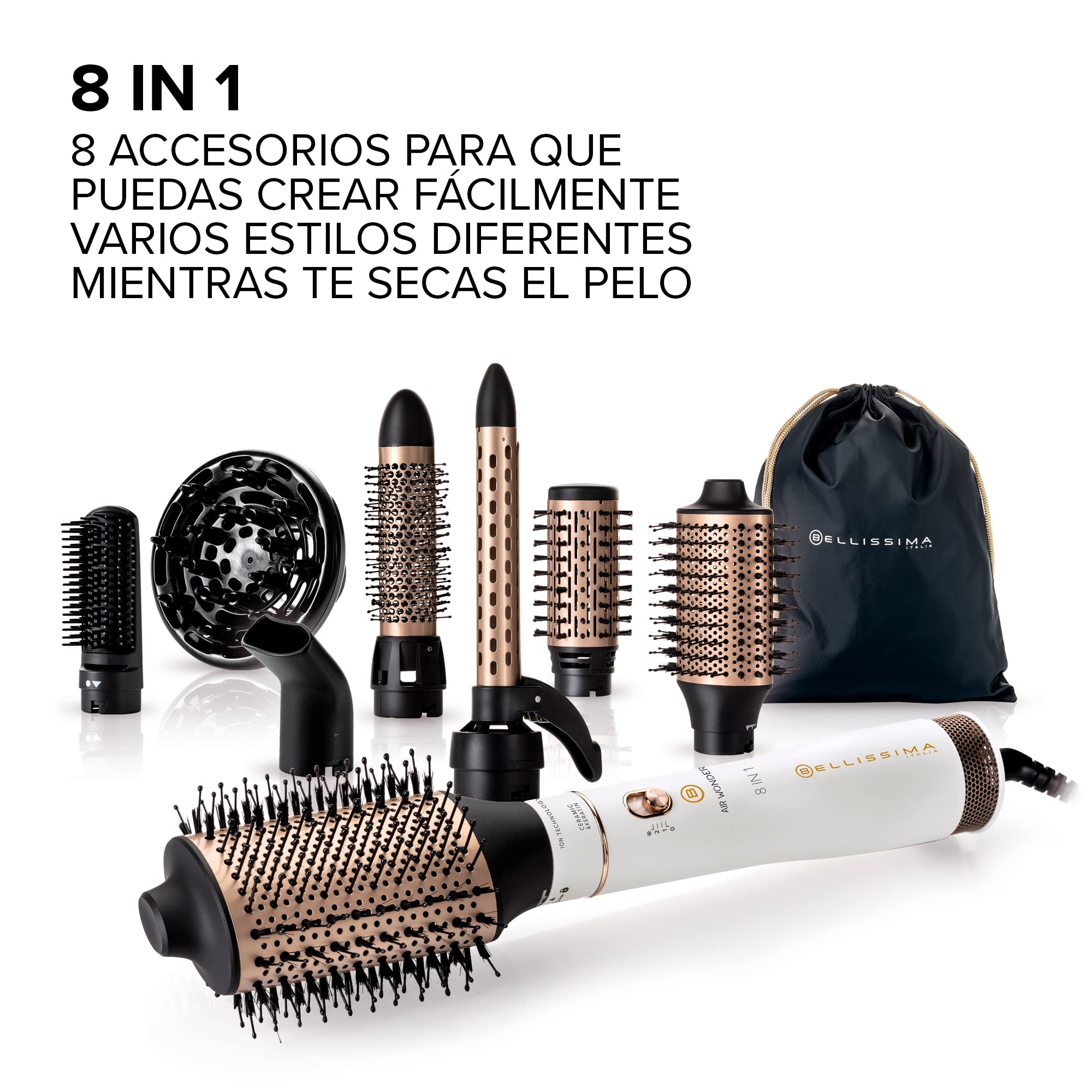Bellissima Imetec Air Wonder Moldeador Cepillo de aire caliente 1000 W 8 Accesorios Blanco Satinado