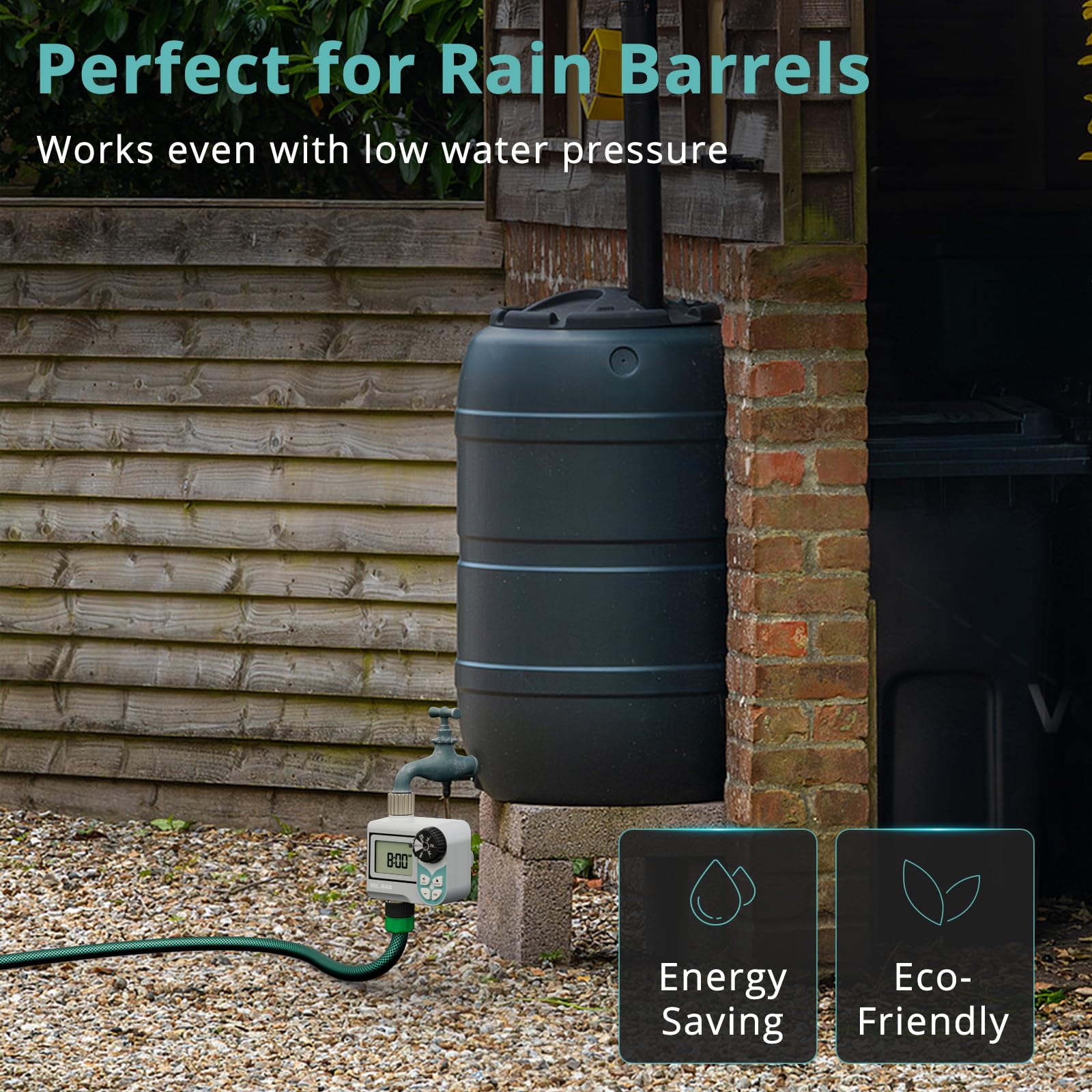 QUOBAS Temporizador de agua de baja presión, temporizador semanal programable con entrada y salida de latón para barril de lluvia, manguera de jardín, con válvula de bola y pantalla impermeable