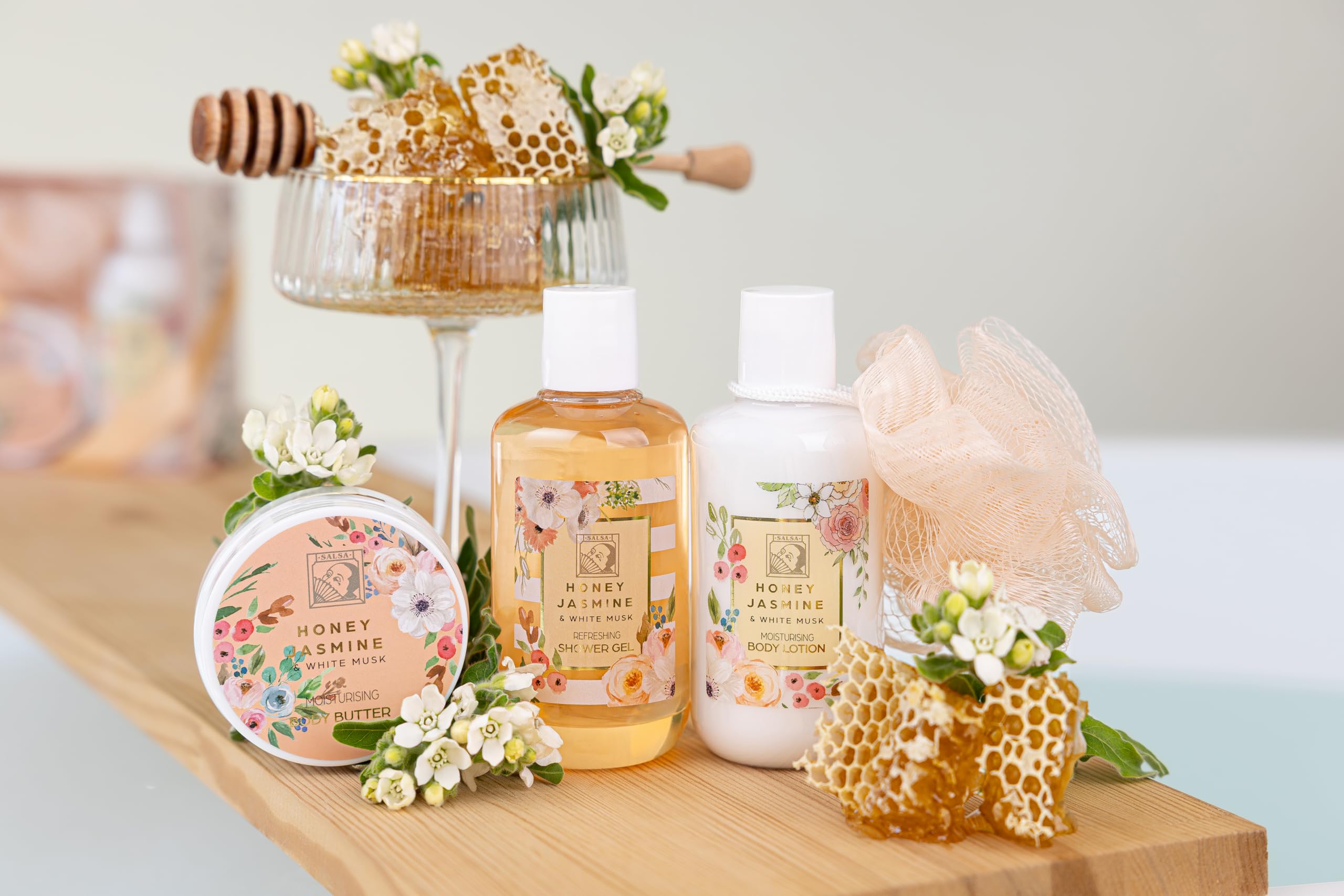 Accentra Zestaw prysznicowy dla kobiet HONEY Jasmin w pięknym pudełku prezentowym – 4-częściowy zestaw do pielęgnacji z żelem pod prysznic, balsamem do ciała, masłem do ciała i gąbką z siatki – zestaw