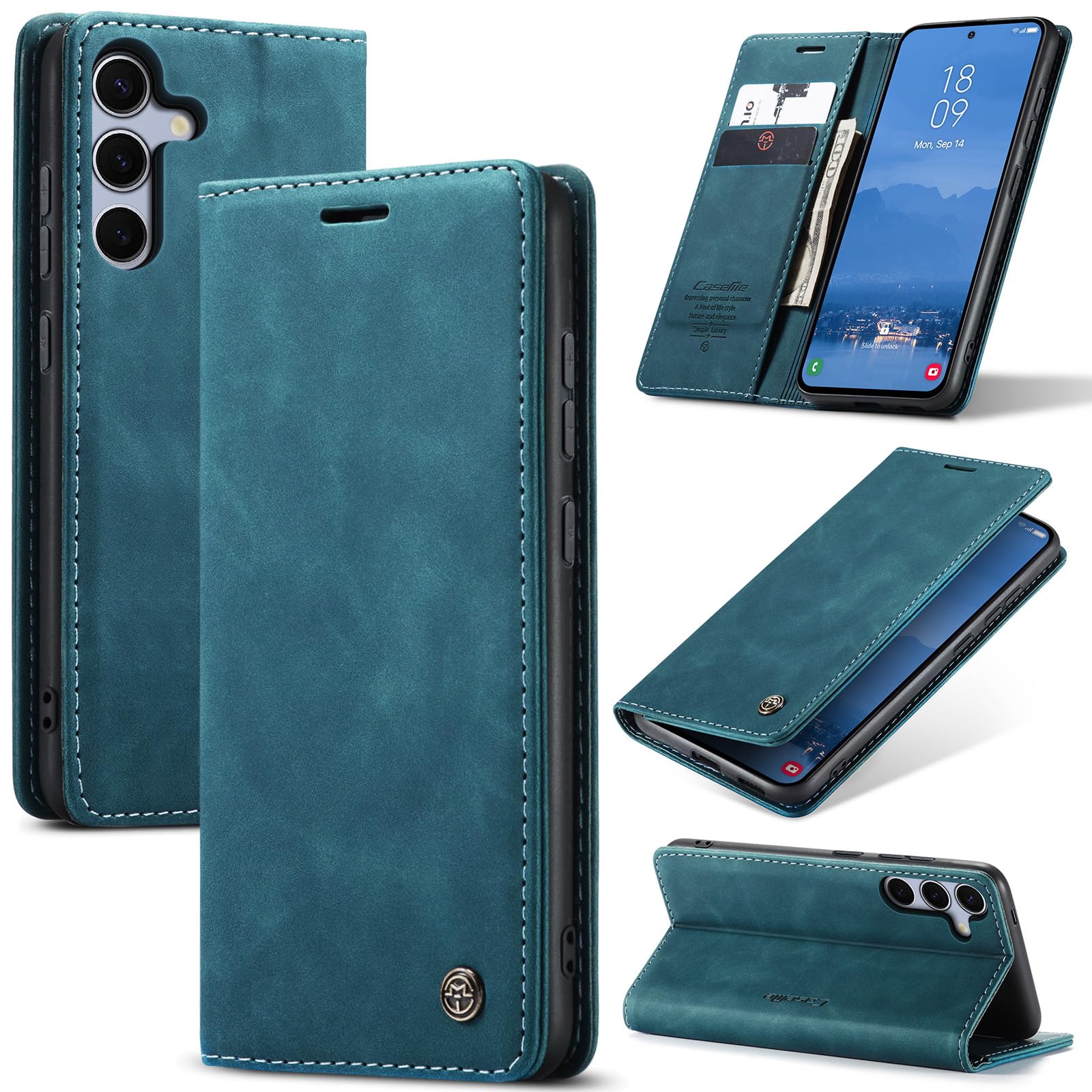 Azororo Cover per Samsung Galaxy S25 5G, Premium PU Pelle Custodia, Magnetica Carta Fessura Portafoglio Case, Flip Cavalletto Custodia per Samsung Galaxy S25- Blu verde