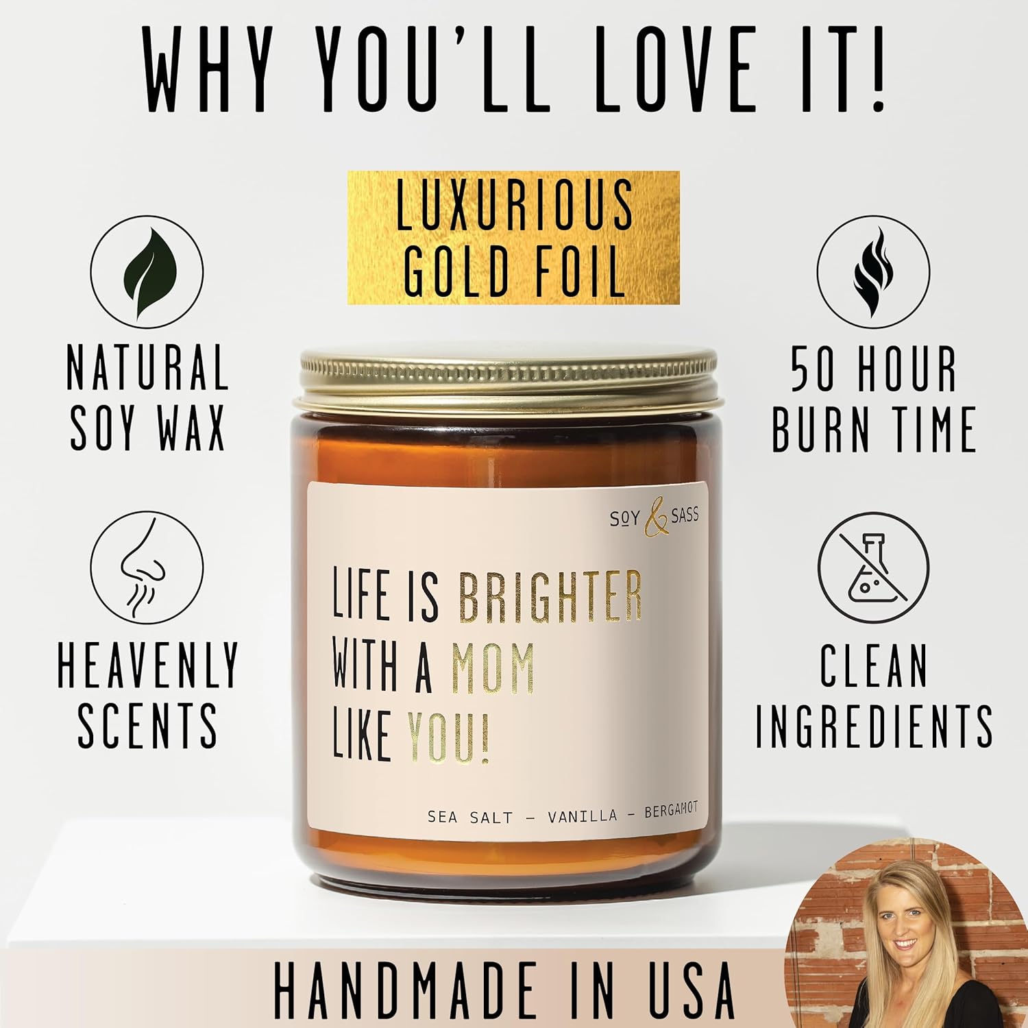 Soy and Sass 'Life is Brighter with a Mom like You' Sweet Fig & Sandalwood Jar Candle, 9 oz, 50 Hr Burn, USA Made - Image 6