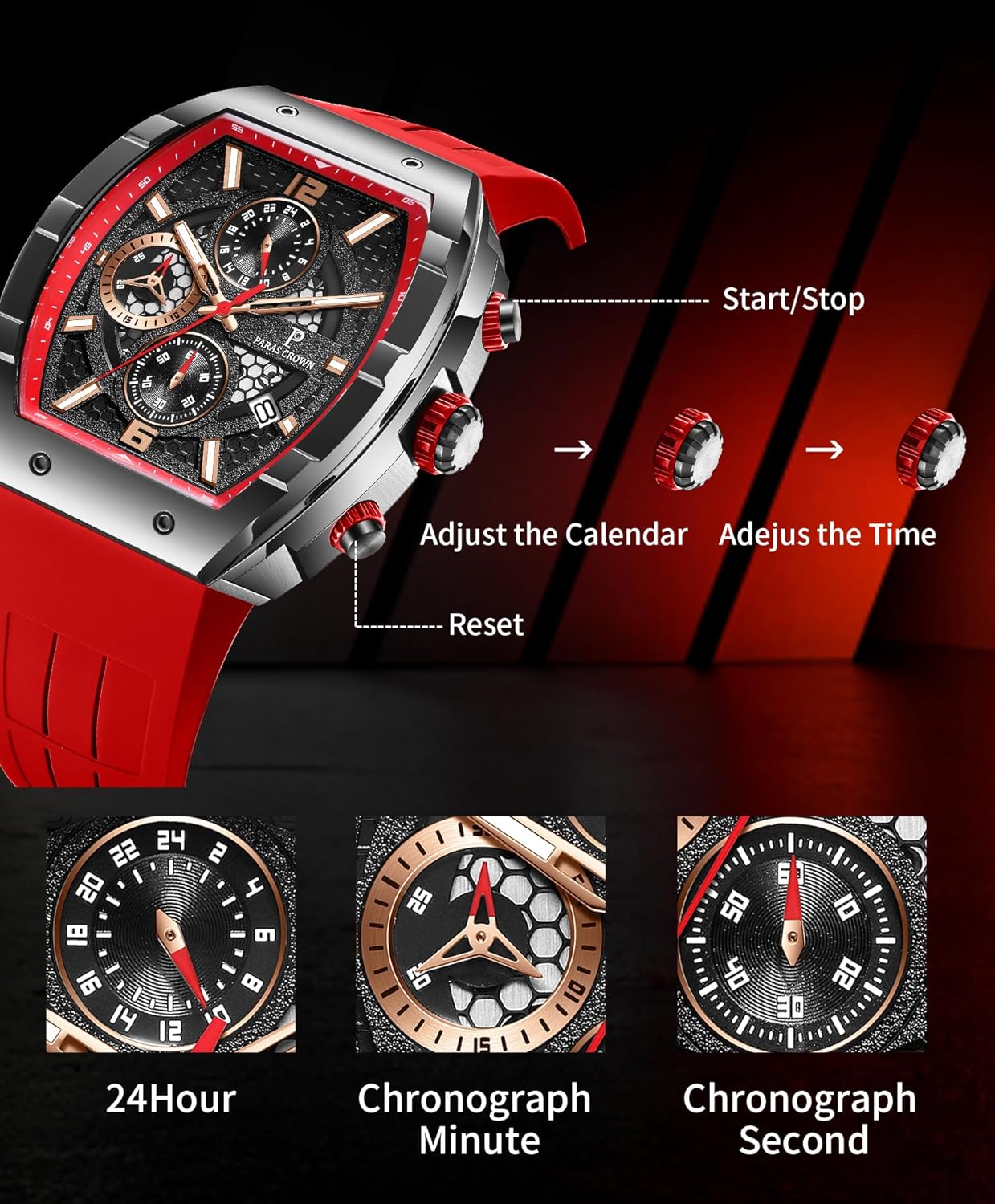 Mens Watches Luxury Tonneau Watch for Men Quartz Japanese Movement Waterproof Luminous Sport Red Dress Watch, Gifts for Men - Image 7