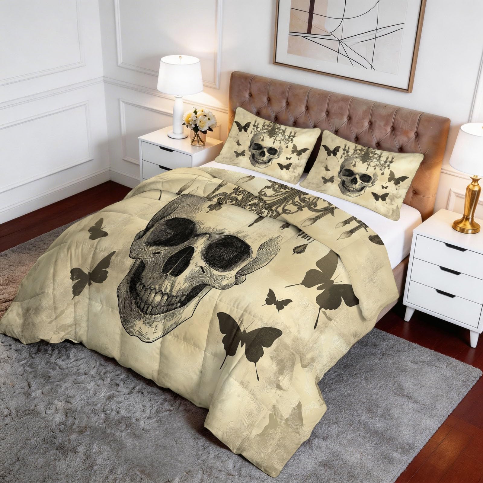 Generico Zimowa podwójna kołdra 200 x 200 cm, retro kruk czaszka 400 gr/m², ciepła i elegancka, antyalergiczna i oddychająca pościel 3-częściowy zestaw, beżowa