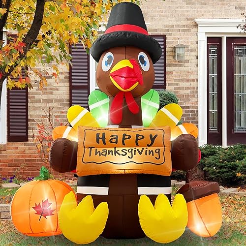 Inflatable Turkey Lawn Decoration Thanksgiving Inflatables Outdoor Yard Decorations 6ft Giant Blow Up Turkey with Pilgrim Hat Led Light for Happy