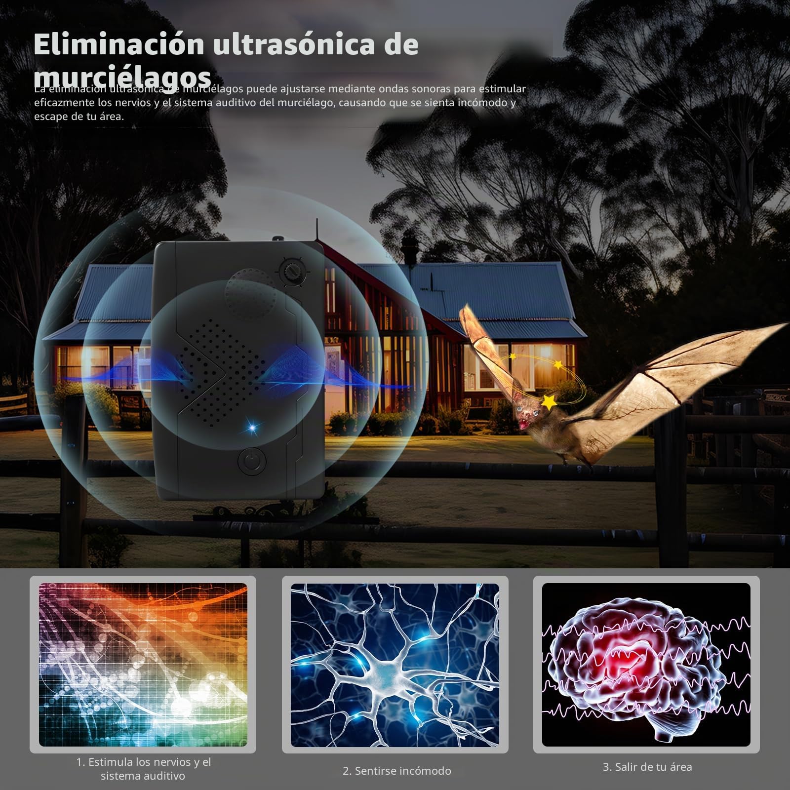 Paquete de 2 repelentes ultrasónicos de murciélagos para exteriores, para ático, dispositivos disuasorios de murciélagos para deshacerse de los murciélagos, repelente ultrasónico para interiores para