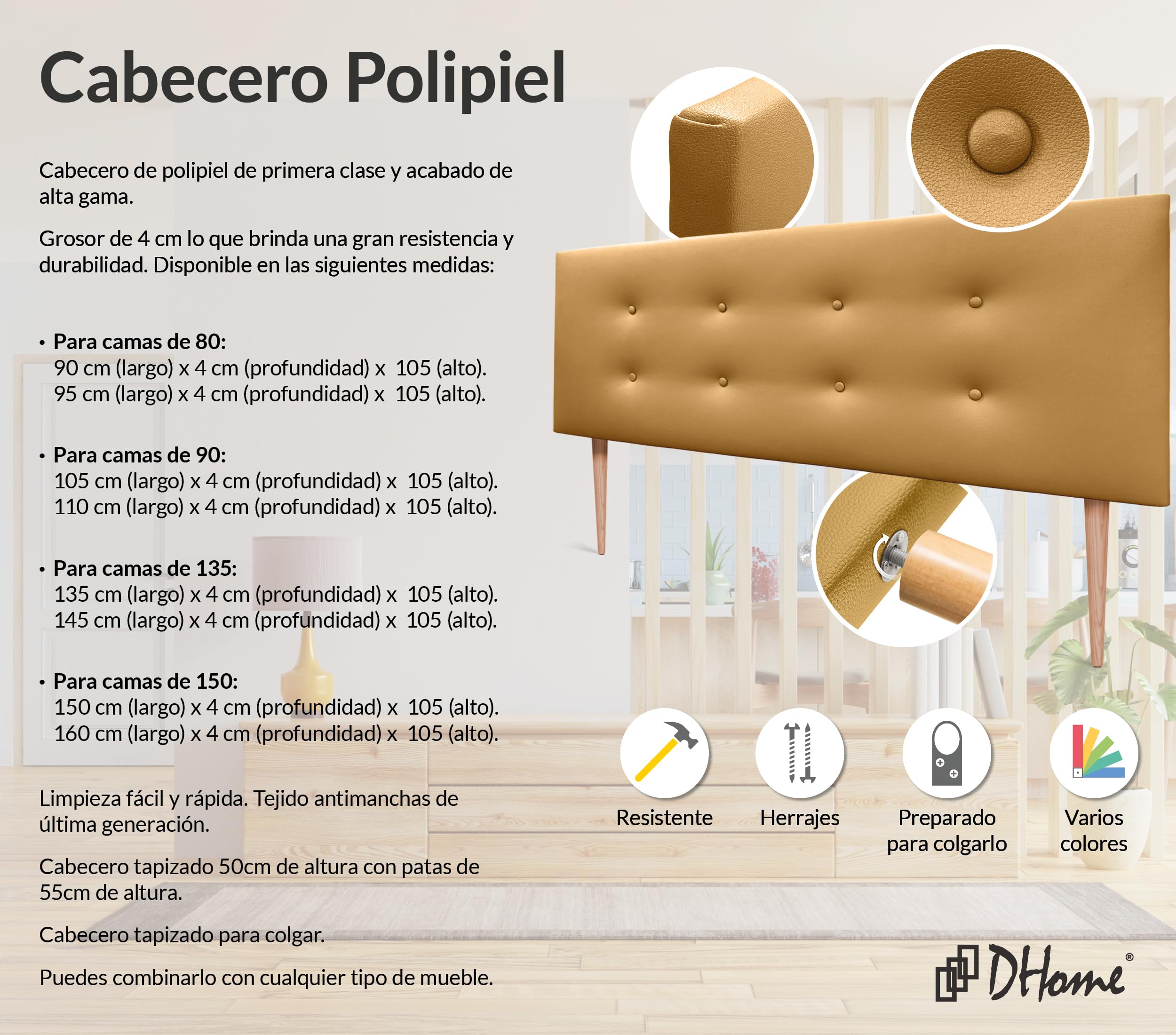 DHOME Testiera in Similpelle o Tessuto AQUALINE Pro con 2 file di Bottoni e Gambe Testiera Imbottita per Letto di Lusso (Similpelle Dorato, 160x105cm (Letti 150/160))