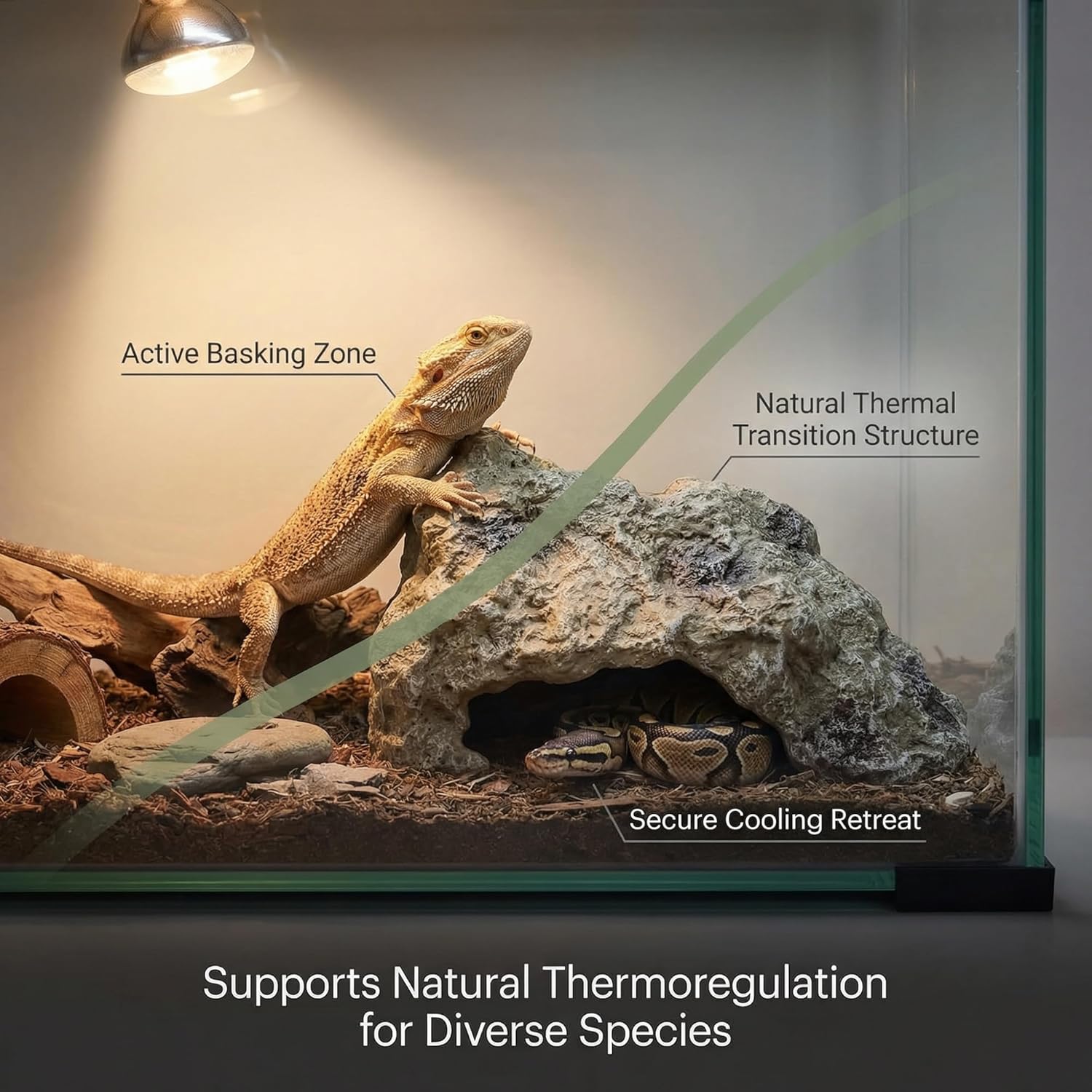 Reptile Hide Rock Cave, Durable Resin Leopard Gecko & Bearded Dragon Hideout for Ball Python, Snake & Tortoise, Corner Terrarium Tank Accessories for Humid or Dry Habitat Décor (Large)