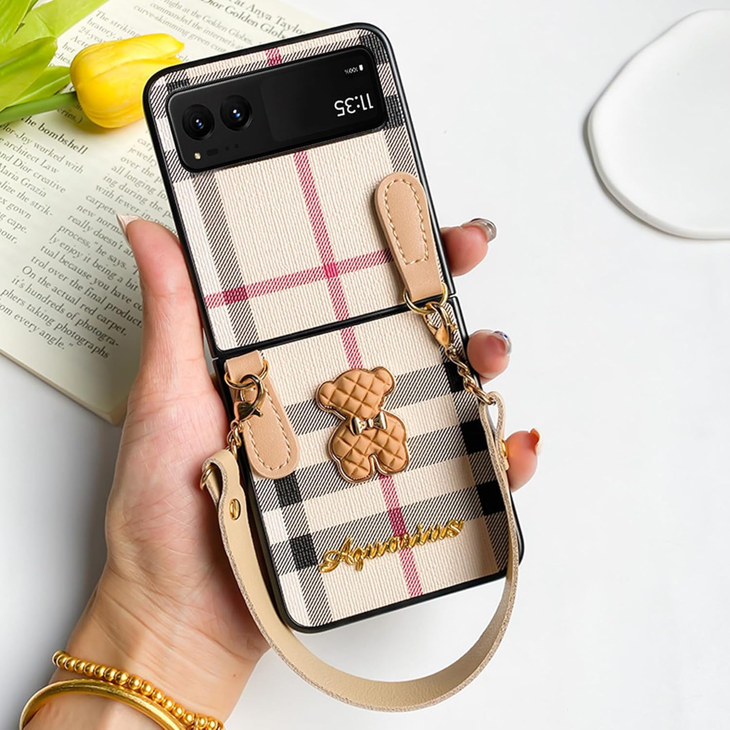 for Motorola Razr 2023 Case with Strap Cute Bear Design Slim Premium PU Leather Moto Razr 2023 Phone Case Shockproof Protective Case for Razr 2023