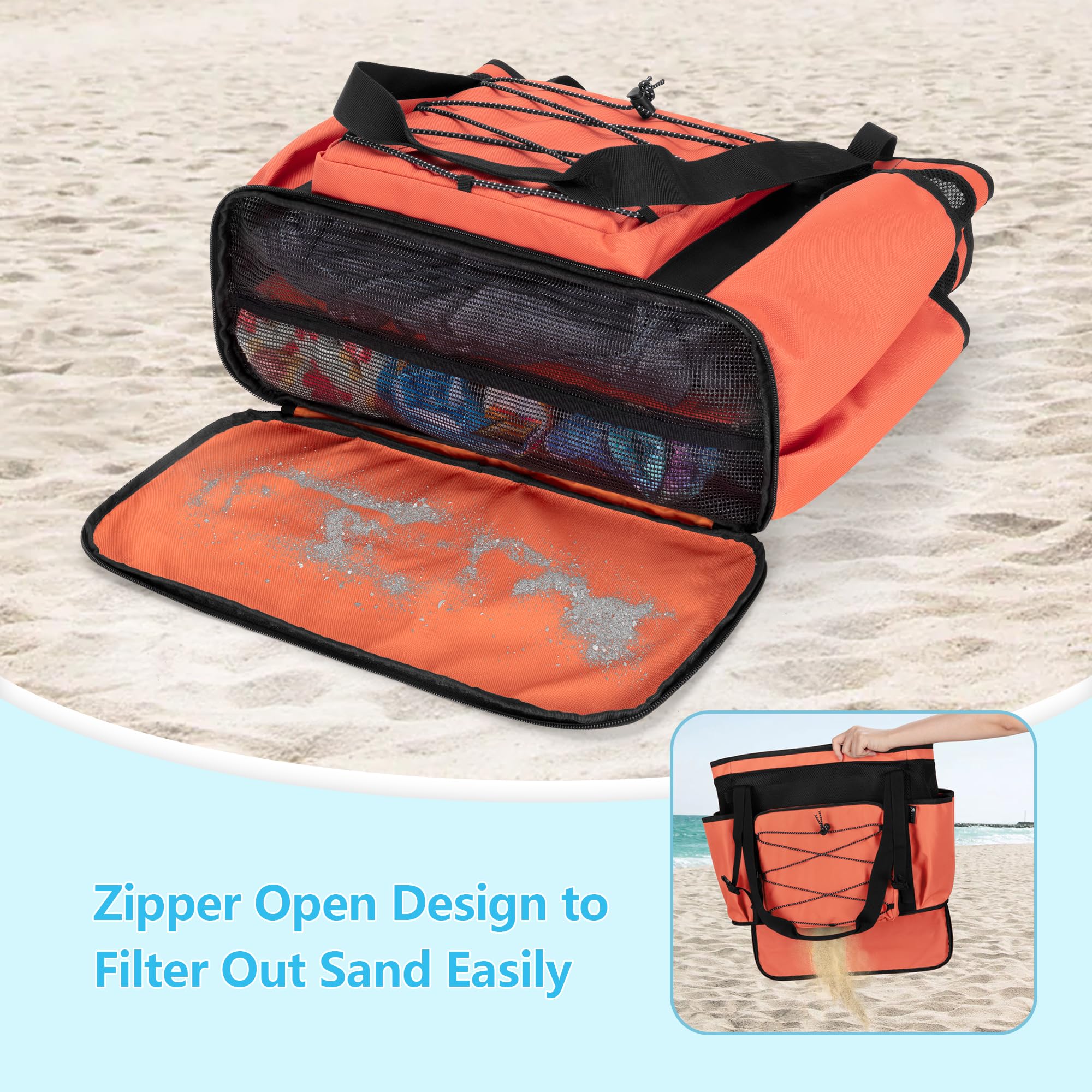 Grand Sac de Plage en Maille avec Fond Zippé, Séparation Humide/Sec, Orange | 2 couches séparées, poche imperméable translucide, 6 pochettes élastiques, 1 poche zippée, compartiment avant filet