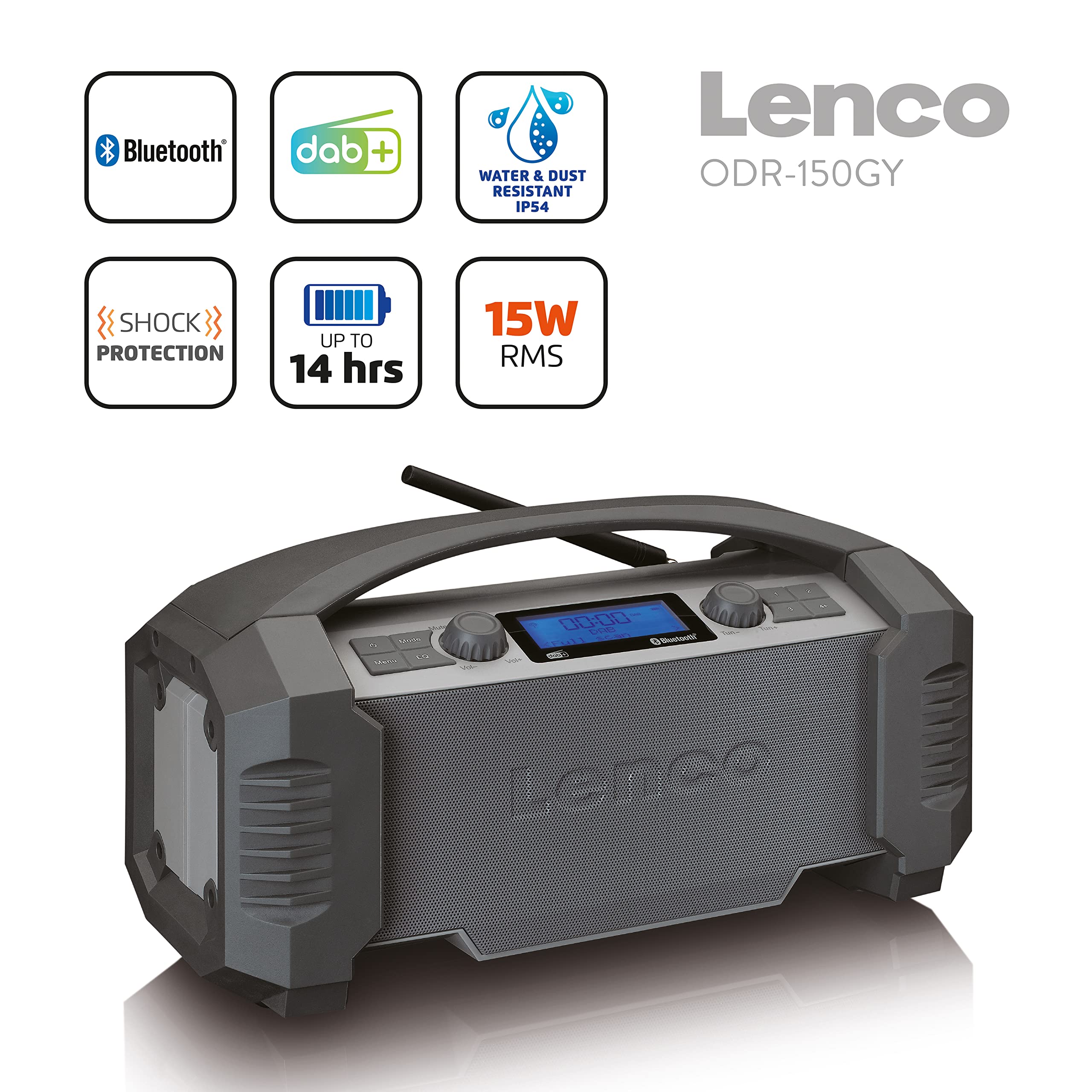 Lenco ODR-150 Radio de Chantier Dab+ - Bluetooth 5.0, récepteur FM IP54, étanche - 15 W -Batterie RMS - avec Chargeur - AUX-in - USB - 2500 mAh - Gris
