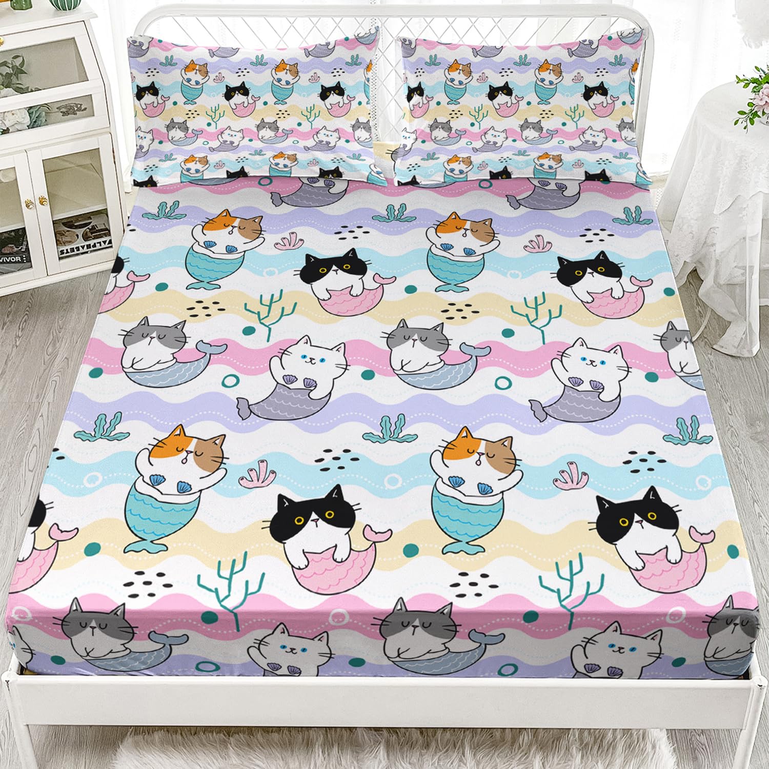 AILONEN Mermaid Cats Bed Sheet Twin Size, Colorful Gradient Sea Pattern Kids Bedding Set 3 Pieces Set Cartoon Ocean Animals Sheets for Girls Teen Bedroom Decor, 1 Fitted Sheet and 2 Pillowcases