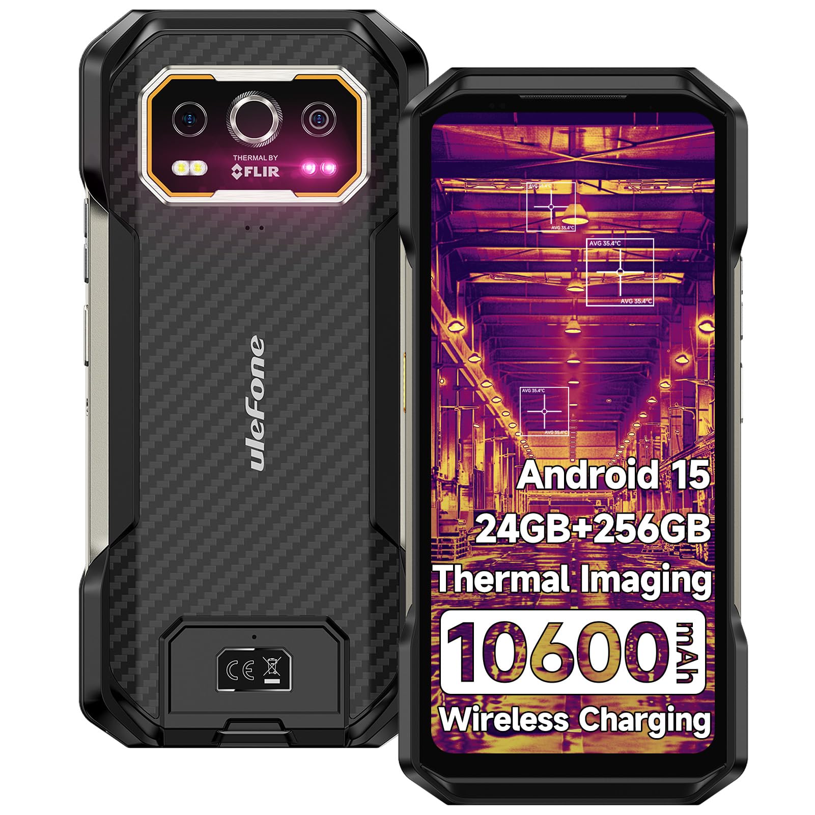 Ulefone Armor 27T Rugged Smartphone Thermal Imaging Android 15, 24GB+256GB, 10600mAh Wireless Charging 64MP Night Vision 6.78" FHD+ 120Hz IP68/69K Waterproof Dual SIM 4G Phones 3-Card Slot NFC
