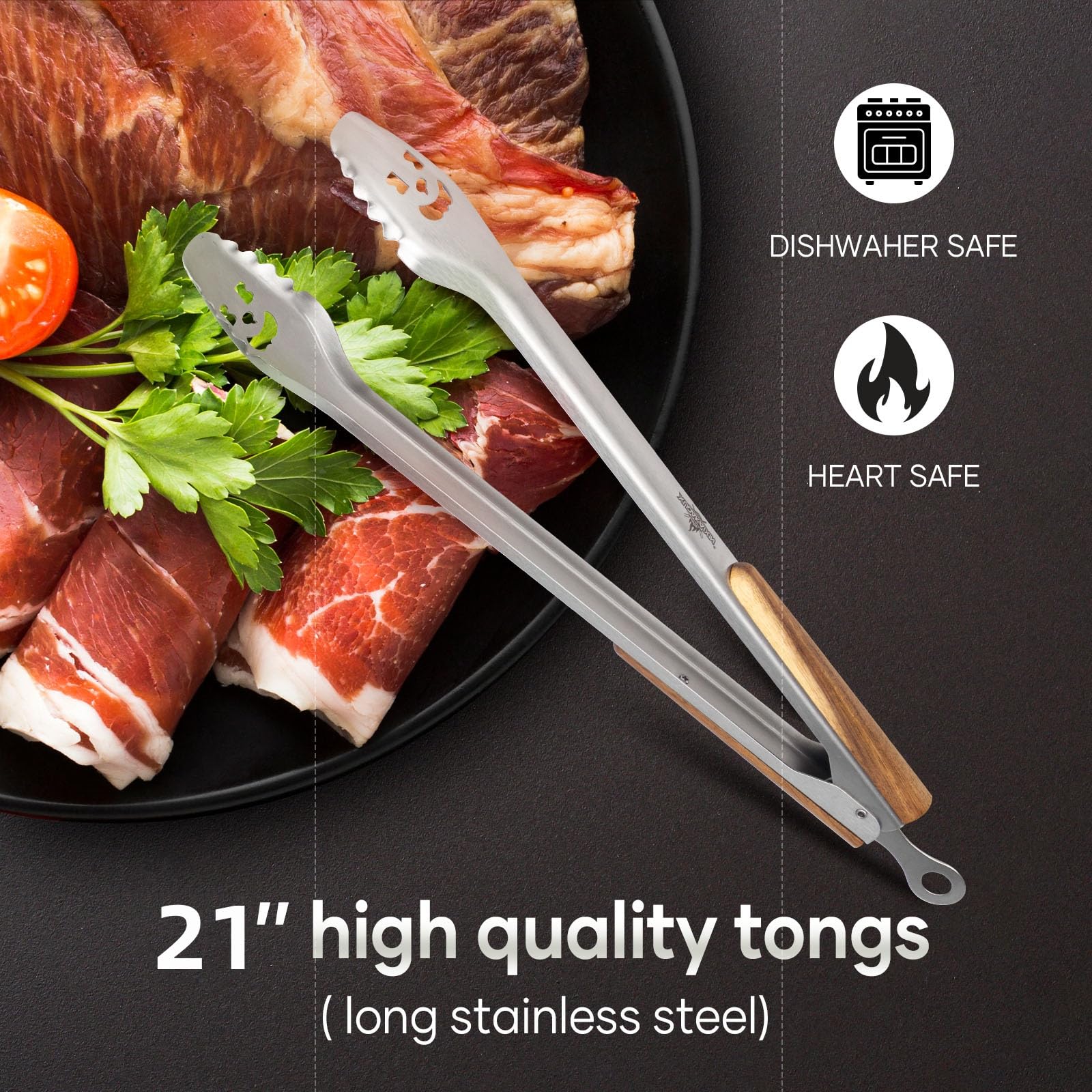 XUDAKAIXIN 53,3 cm extra lange Grillzange aus Edelstahl mit ergonomischem Griff aus Akazienholz – langlebiges und leicht zu reinigendes Grillwerkzeug zum Kochen, für die Küche und Grillen im Freien