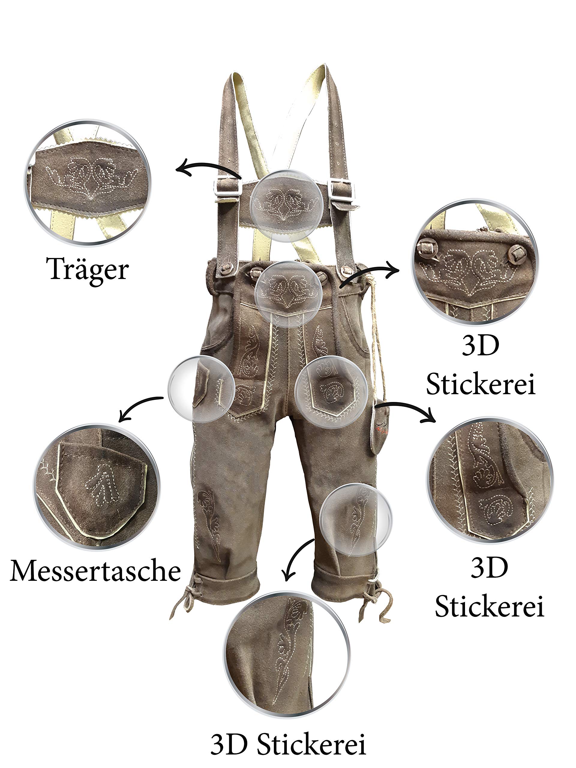 Kinder Trachten Lederhose, Kniebund mit Träger, Echtes Leder, Weiches Veloursleder, Braun, Sandro Kniebund