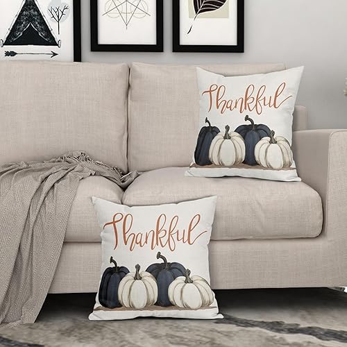 Miniatura 3 de Kawani Juego de 2 fundas de almohada de calabazas azules y blancas de 18 x 18 pulgadas, juego de 2 fundas de almohada de otoño de Acción de Gracias,