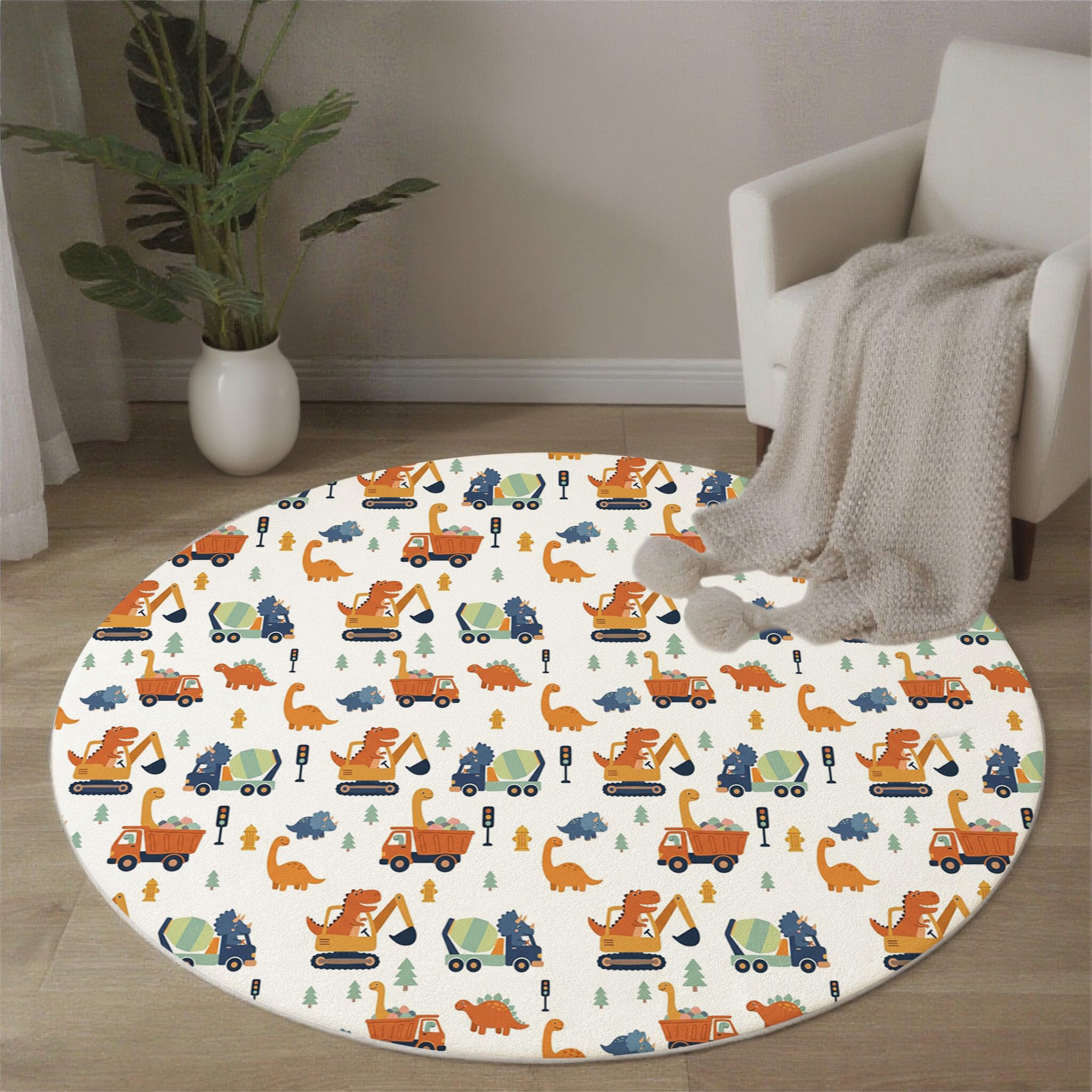 Tappeto per Bambini Stile cartone animato Gioco Rotondo 180cm | Tappeto Salotto, Morbido Veicolo costruzionenosauro Tappetini Antiscivolo Tappetos per Cameretta CucinaColore arancione