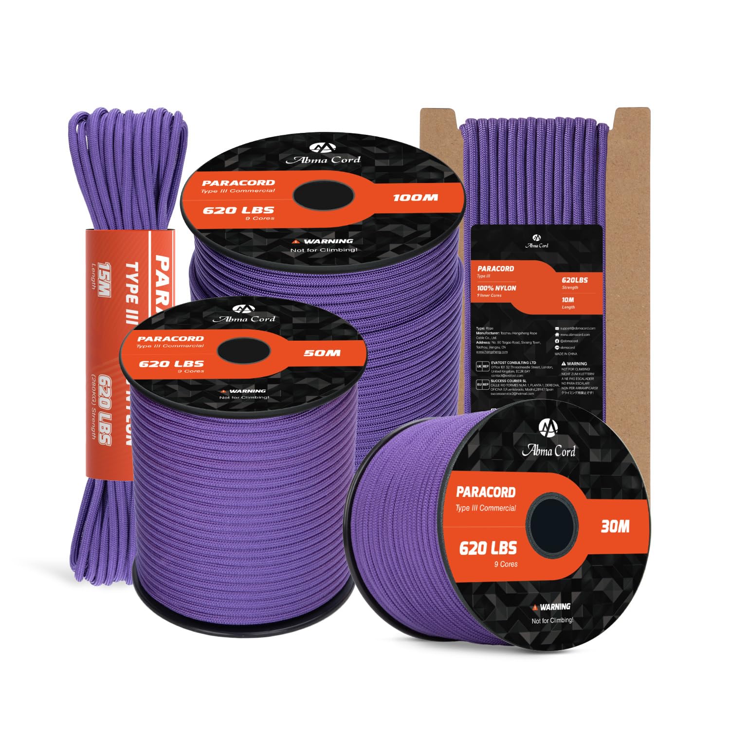 Abma Cord Paracord 4mm 10m 100% Nylon Rope 9 Strands Type III Parachute Cord for DIY, Camping, Survival, Outdoor - Max. 280kg - Purple