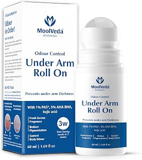 Moolveda 5% AHA BHA Underarm roll on 60ml for women & men 1% Alum, 2% Lactic Acid, 1% Mandelic Acid, 1% Salicylic Acid Controls Odour & removal pigmentation Orchid Breeze Fragrence