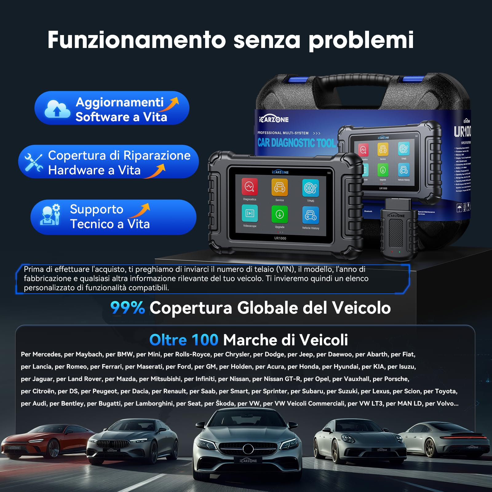 UR1000 Auto Diagnostica, Diagnosi Auto Professionale in Italiano per Tutti i Sistemi, 50 Funzioni di Reset, 10000+ Test Bidirezionale, VIN Automatico, CANFD, Program TPMS, Aggiornamento WiFi