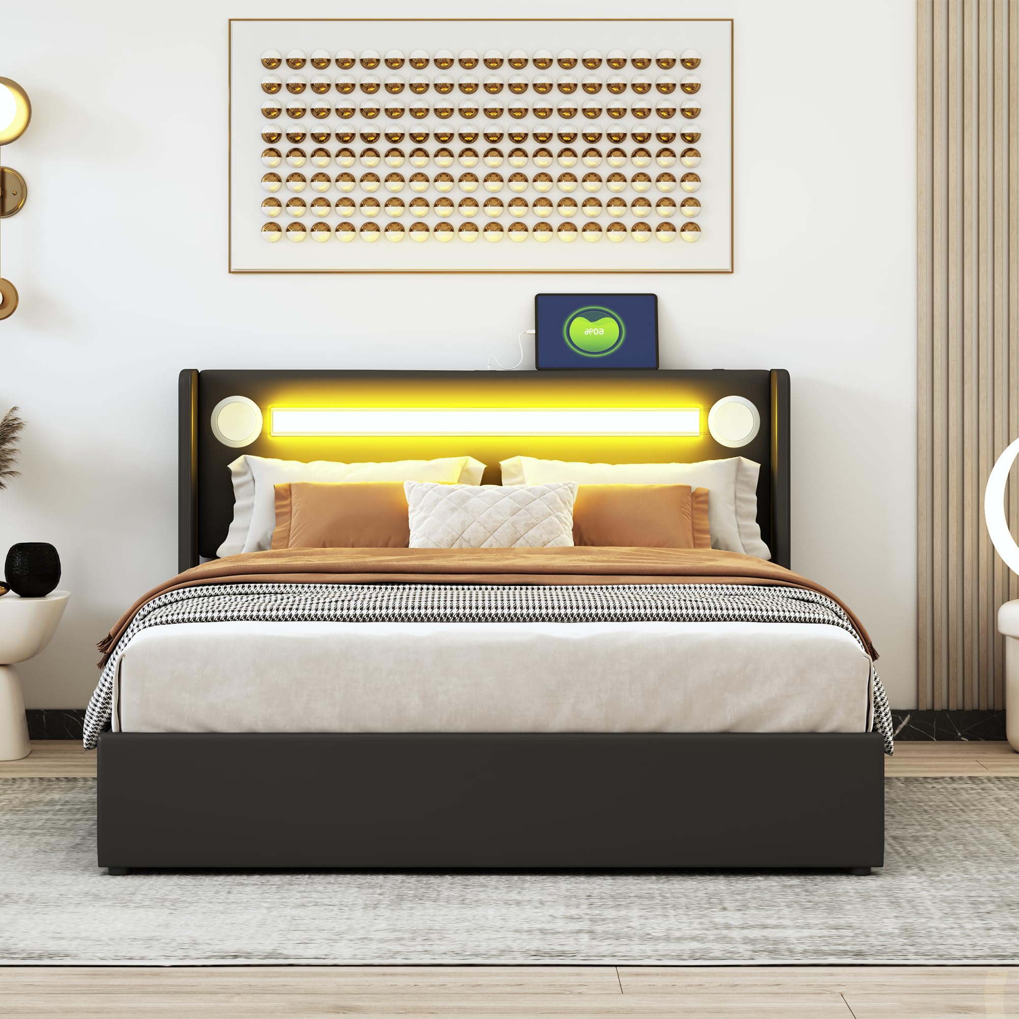 Merax Cama tapizada de 140 x 200 cm con tiras de luz LED, espacio de almacenamiento cama con reproductor Bluetooth y carga USB, para jóvenes y adultos, piel sintética negra (sin colchón)