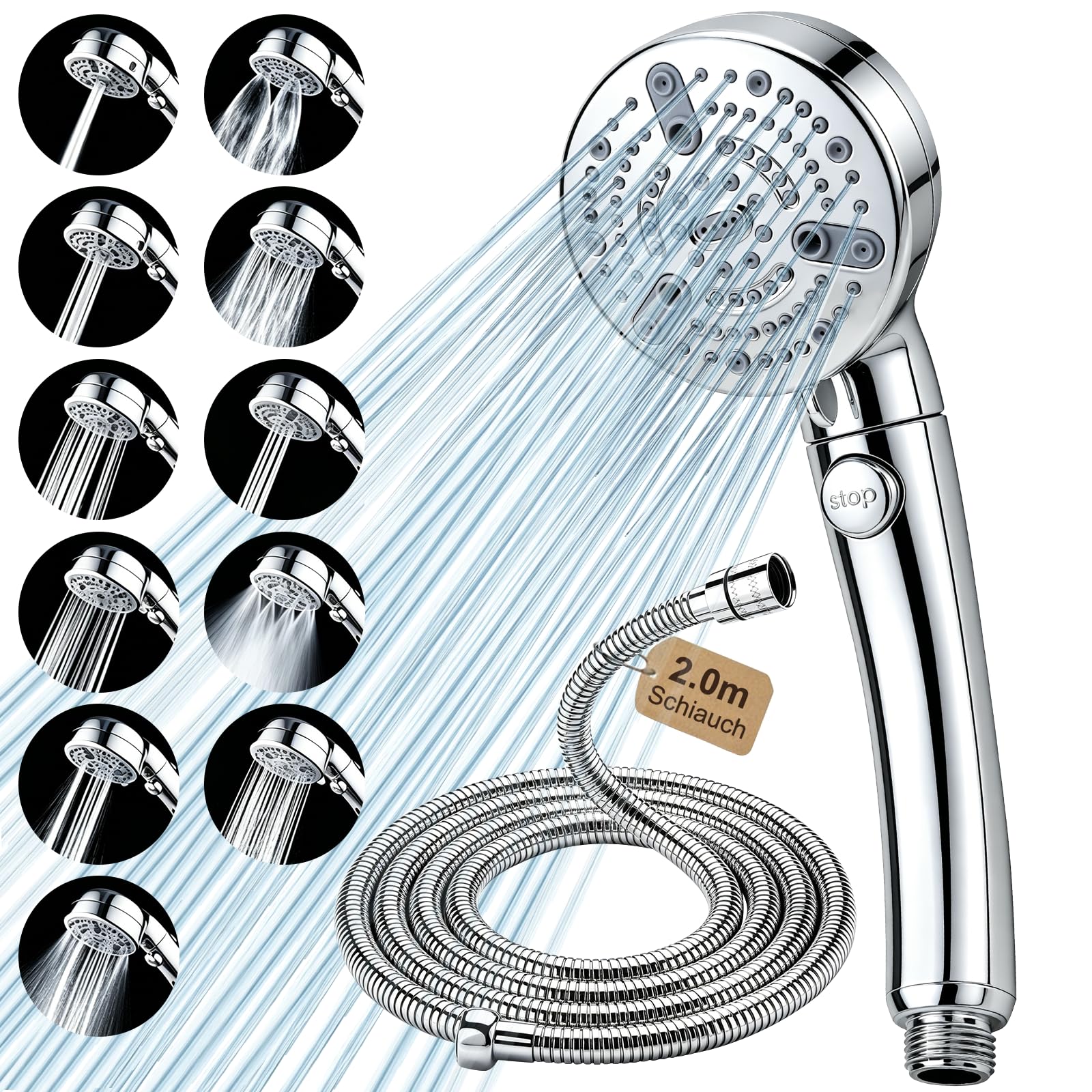 Shower Head and Hose 2M with 11+1 Spray Modes & Stop Button