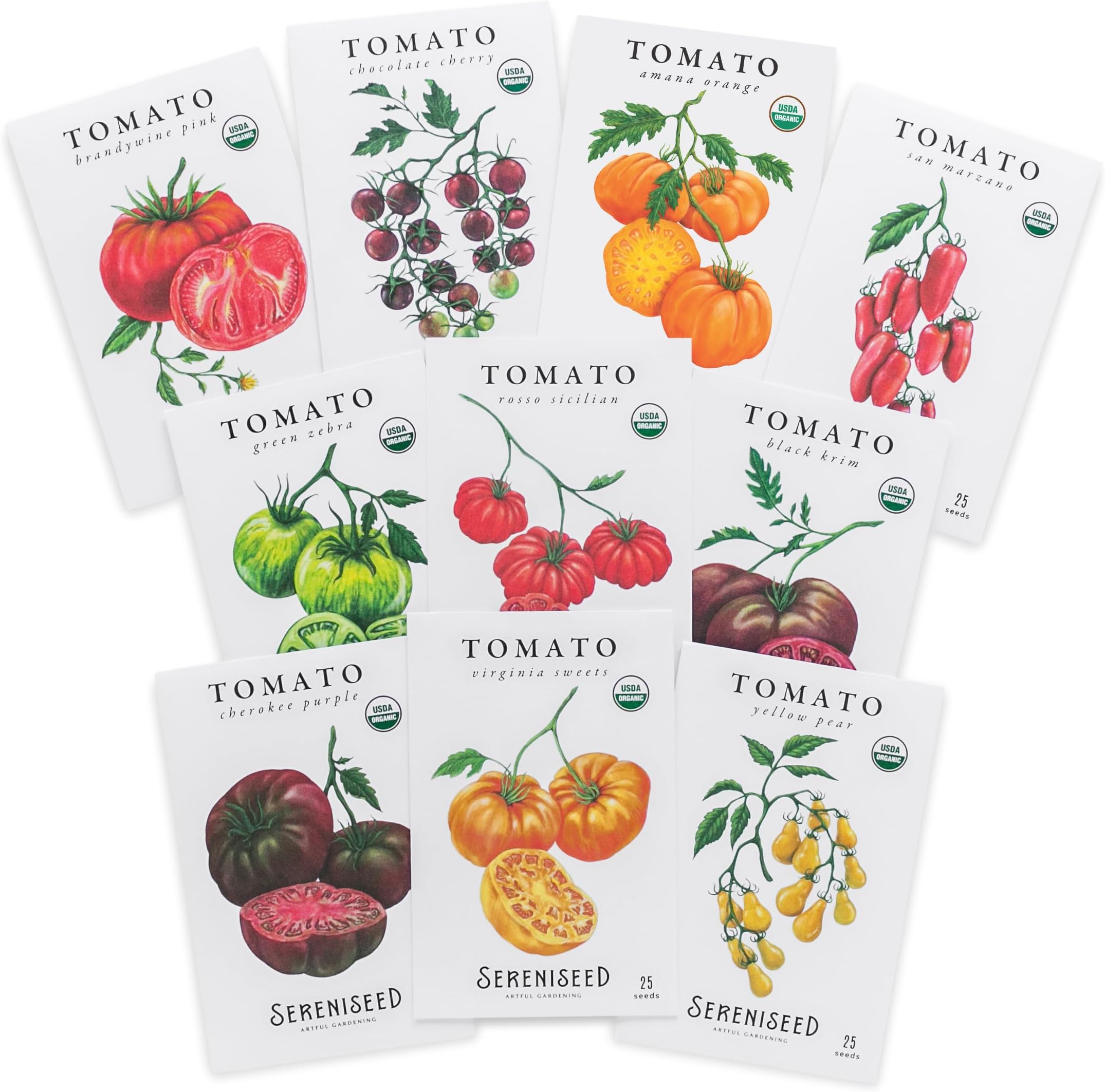 Sereniseed Certified Organic Tomato Seeds (10-Pack) – Non GMO, Open Pollinated – Cherokee Purple, Chocolate Cherry, Green Zebra, Brandywine Pink, Black Krim and More - Tomato Seeds for Planting