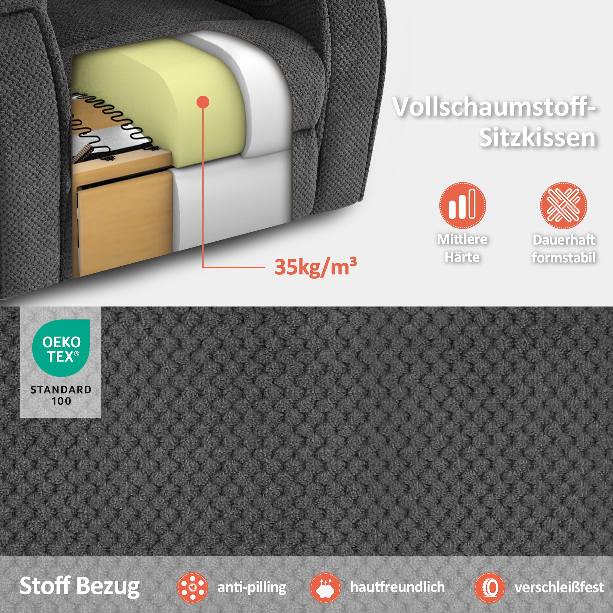 M MCombo Fauteuil TV à réglage électrique, Fauteuil Relax avec Fonction Chaise Longue, Fauteuil TV avec Fonction Massage & Chauffage, USB & Porte-Boissons, Salon, Tissu, 7008 (Gris foncé)