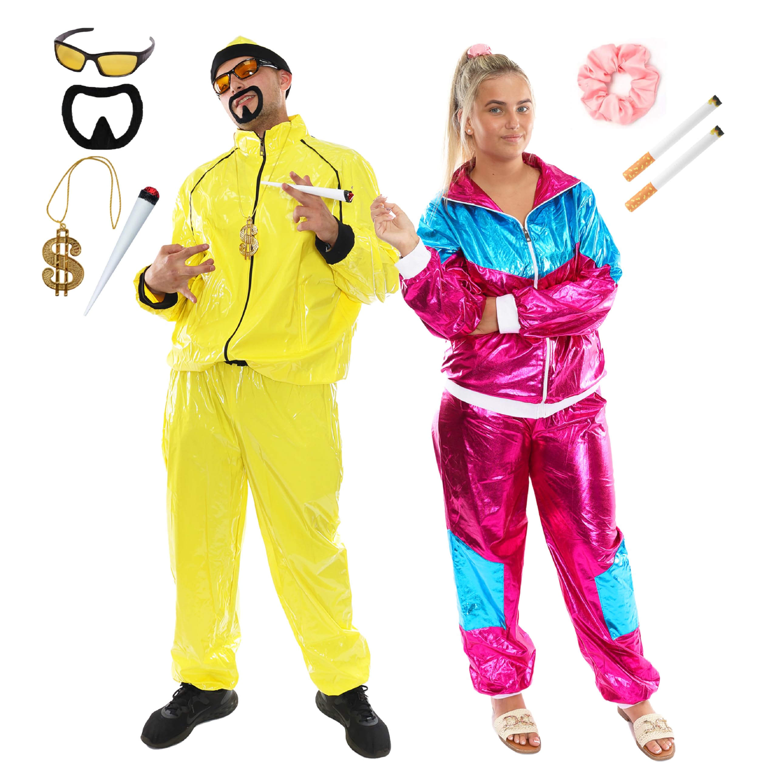 I LOVE FANCY DRESS Costume divertente da rapper & Me Julie per adulti anni '90 - tuta gialla, tuta rosa e blu, occhiali da sole gialli, pizzetto, catena del dollaro, spliff falso, scrunchie e