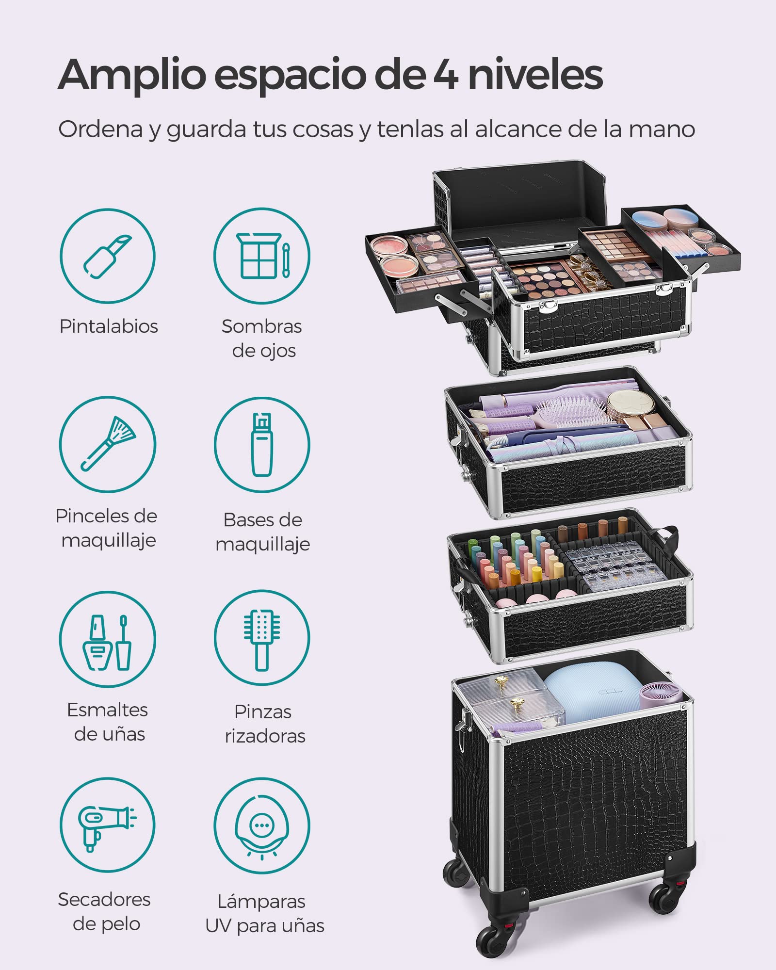 SONGMICS Maleta de Maquillaje Profesional, Maletín para Cosméticos 4 en 1, Extra Grande, Maletín de Peluquería, Con Tapa, 35 x 25 x 79 cm, Cerradura, Ruedas 360°, para Viaje, Regalo, Negro JHZ06B