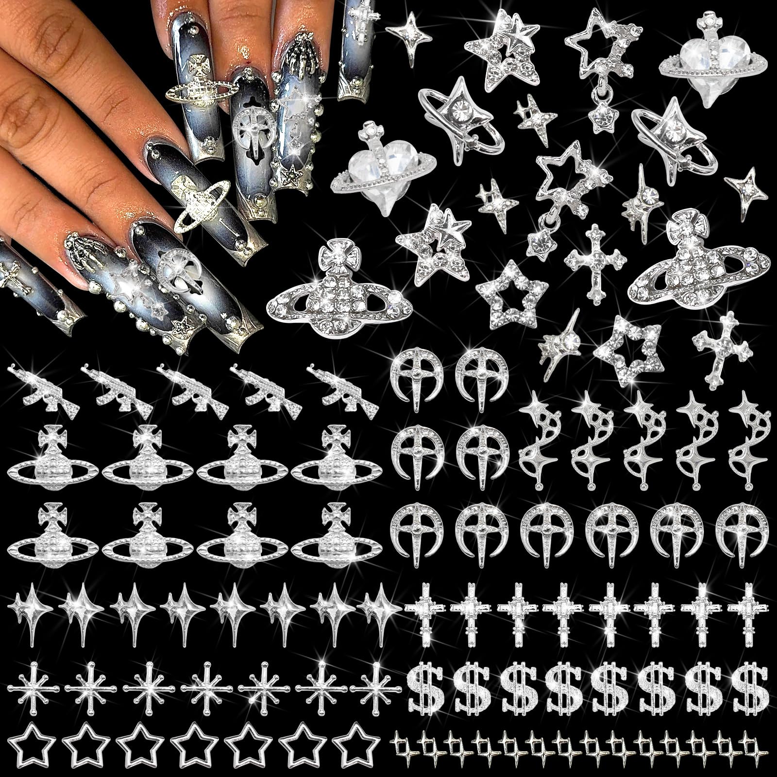 RODAKY 130PCS Silver Nail Charms Y2K Star Planet Nail Art Gems Metal Cross Gun Charms for Acrylic Nails Mix Styles Nail Decoration Accessories