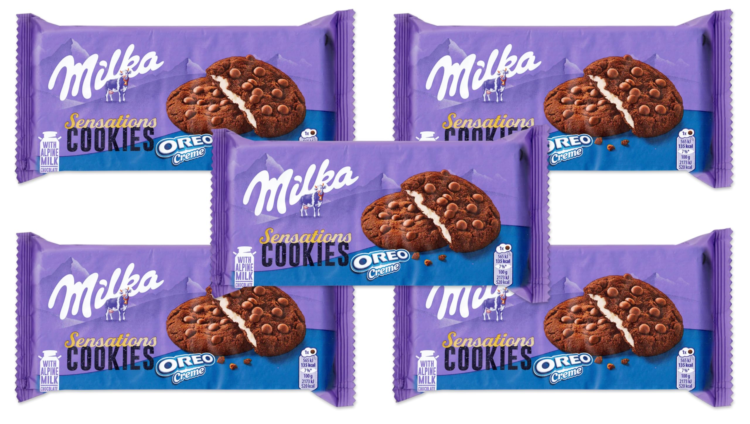 5X Milka Sensations Cookies Oreo Biscotti al Cacao con Cioccolato al Latte delle Alpi e Ripieno di Crema al gusto Vaniglia 156g [5 Confezione]
