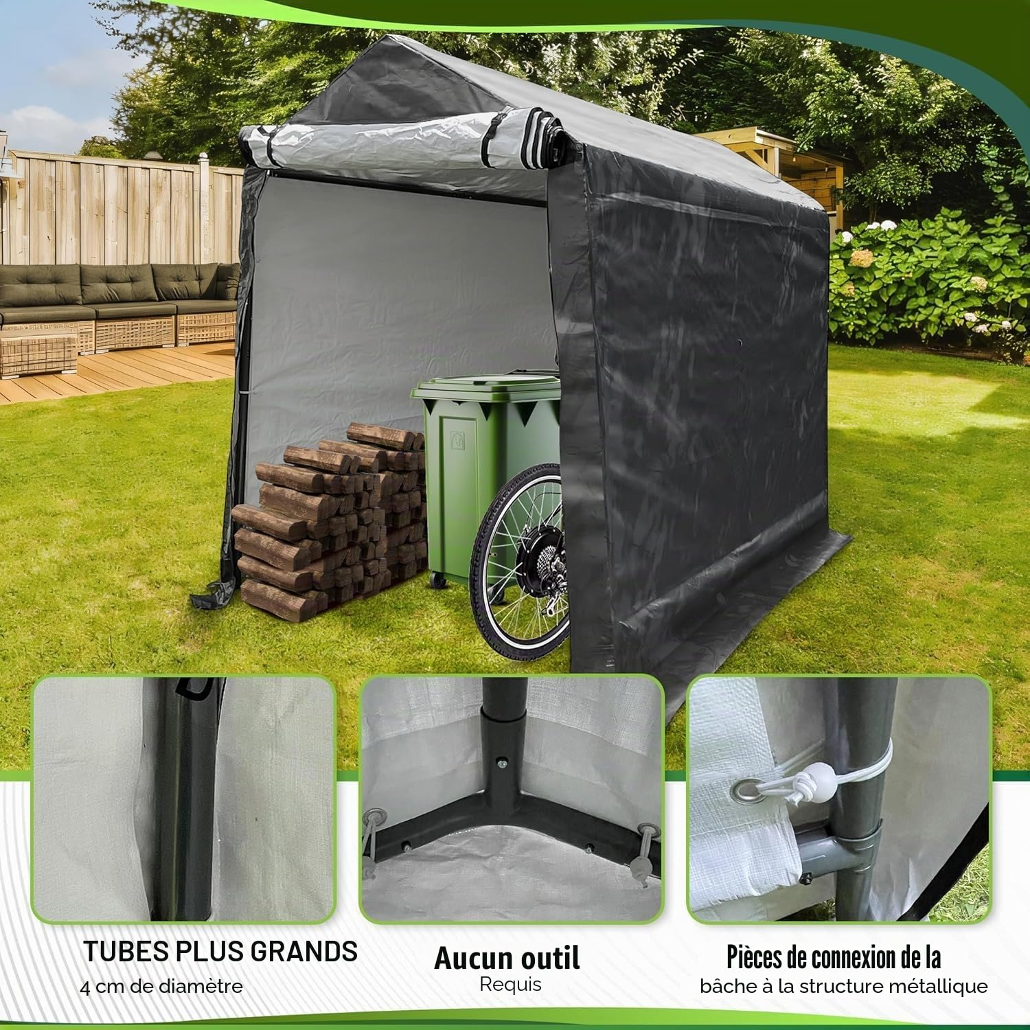 WIELS Abri à outils 170 x 240 x 213 cm 8,7 m³, abri de jardin, garage à vélos, abri de moto, film plastique, abri à outils, garage de tente, tente à outils (anthracite, 240 x 170 x 227 cm)