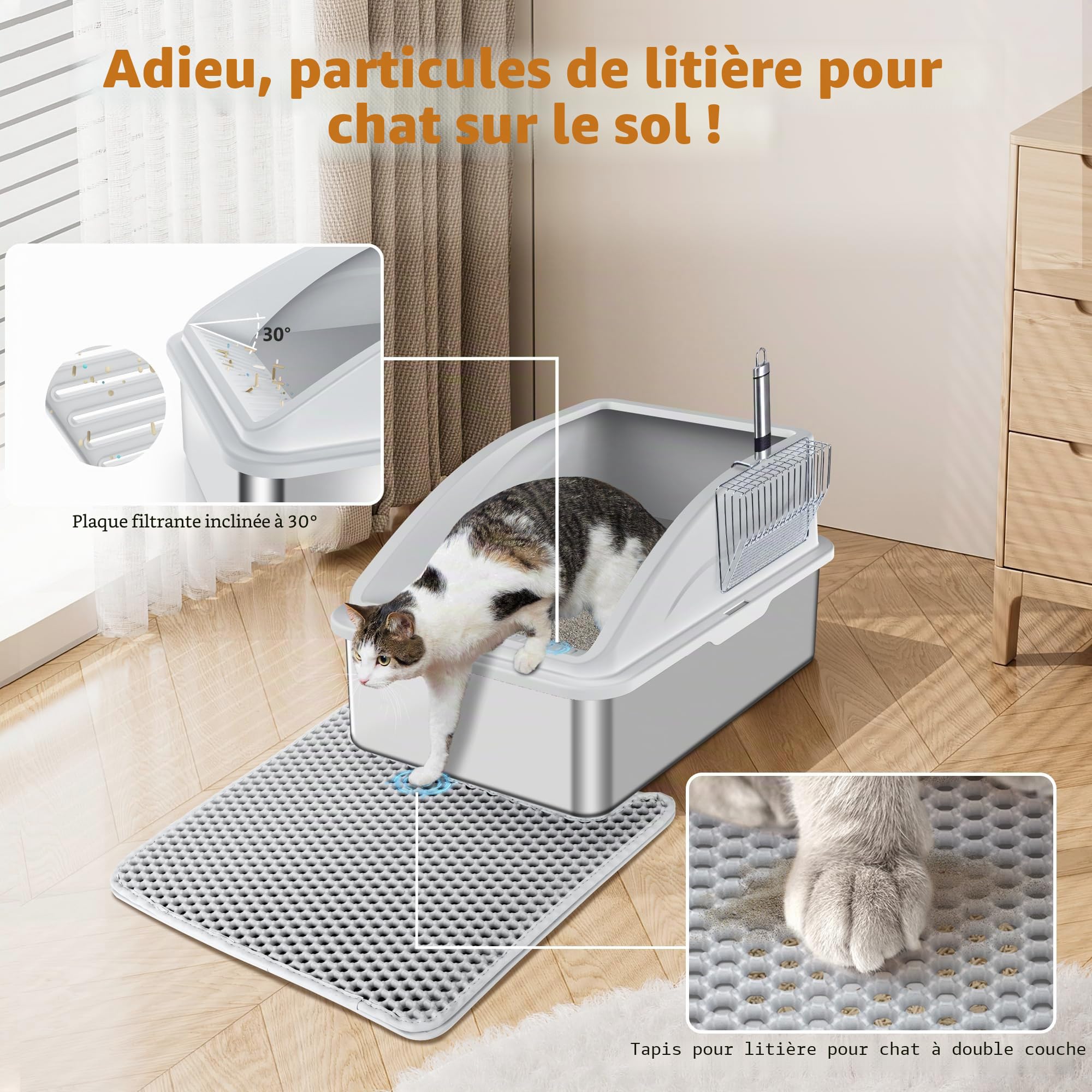 FURTIME Bac à Litière pour Chat, XXL Bac Litiere en Acier Inoxydable, Design Ouvert Facile à Nettoyer, avec 30 L Grande Capacité, avec Pelle à Litière en Acier, 58 x 37 x 28.5 cm