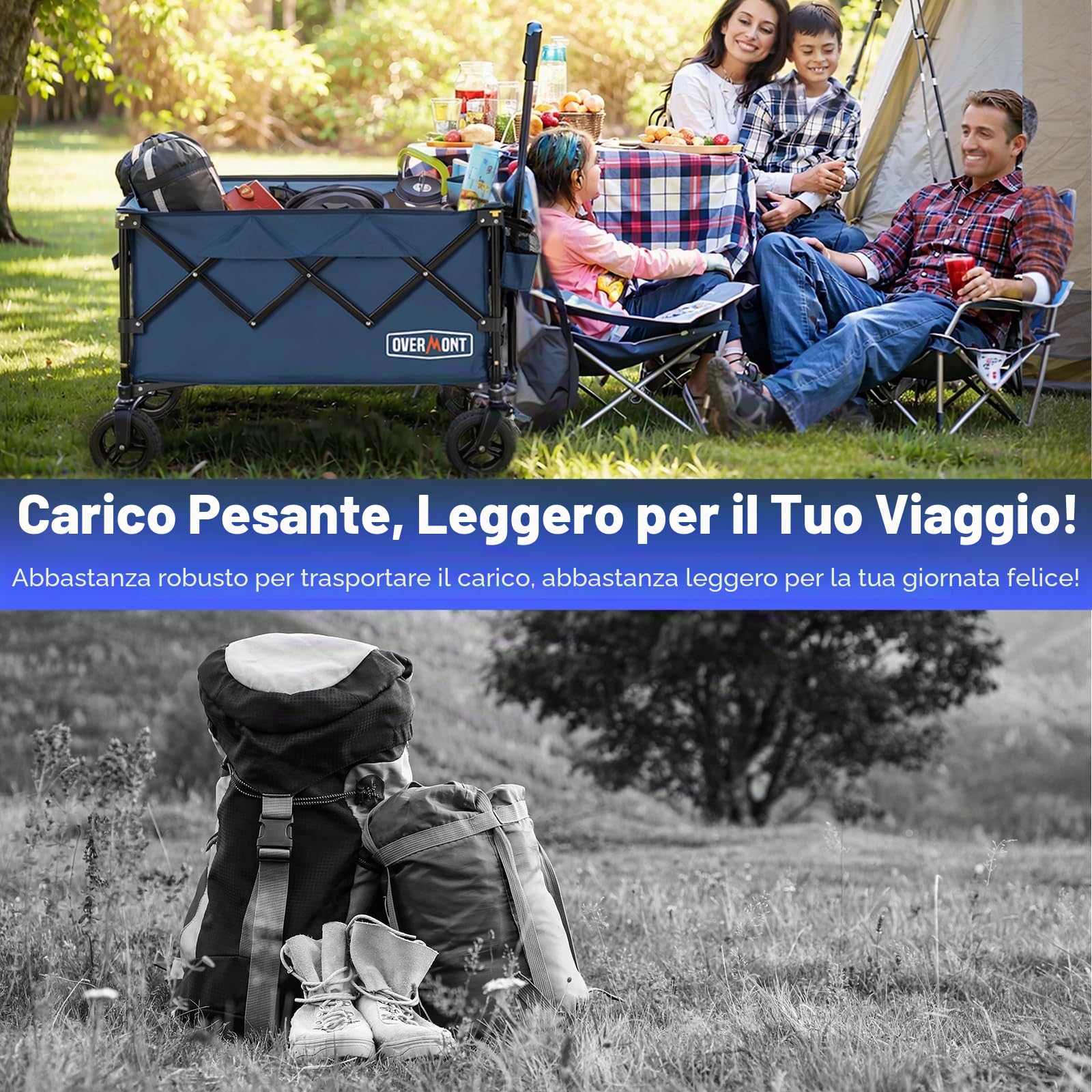 Overmont Carrello da Giardino Pieghevole con Ruote - Carrello da Spiaggia per Tutti i Terreni - Capacità Carico 150kg 150L per Festival Campeggio Picnic Sport Shopping Blu