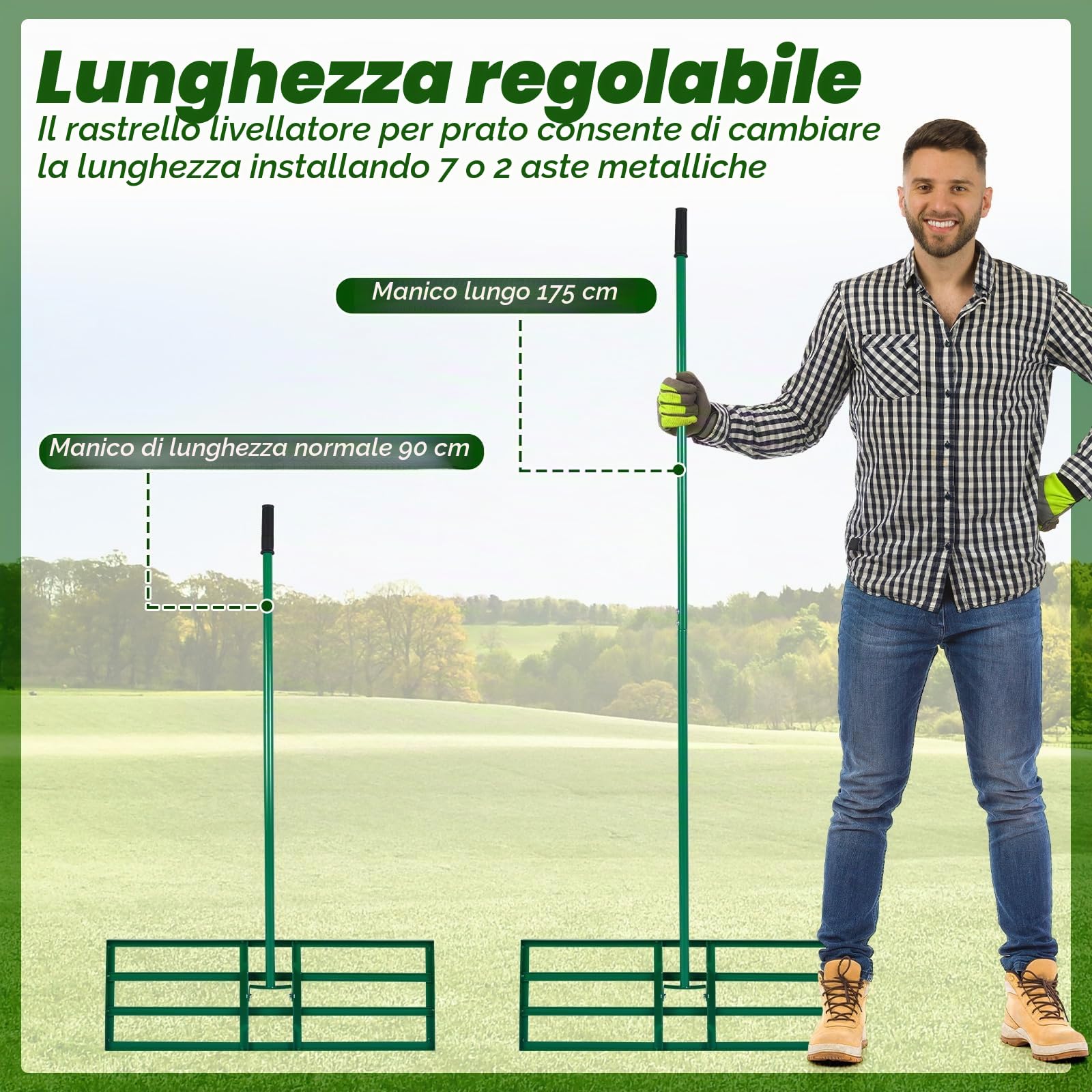 FANTASK Rastrello livellante in metallo, 170 x 75 cm x 25 cm, livellamento rastrello per prato con impugnatura ergonomica, strumento per prato per giardino, cortile, campo da golf (verde)