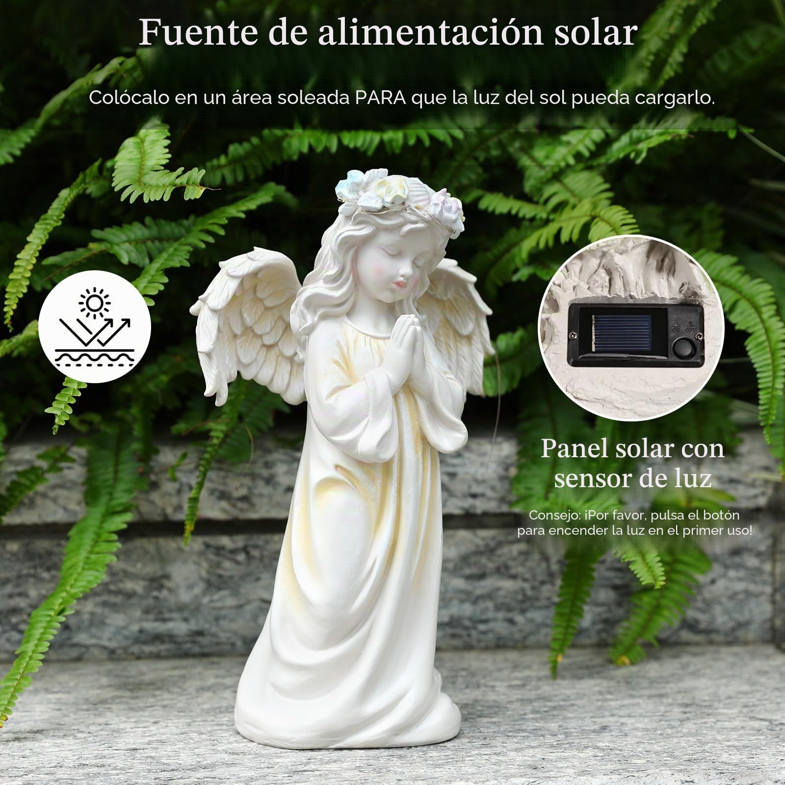 Estatua de Ángel en Oración, Figurita Decorativa de Ángel para Jardín con Luz Cálida Energía Solar, Escultura para Césped Patio Puerta, Decoración al Aire Libre Fiesta Navidad, Blanco
