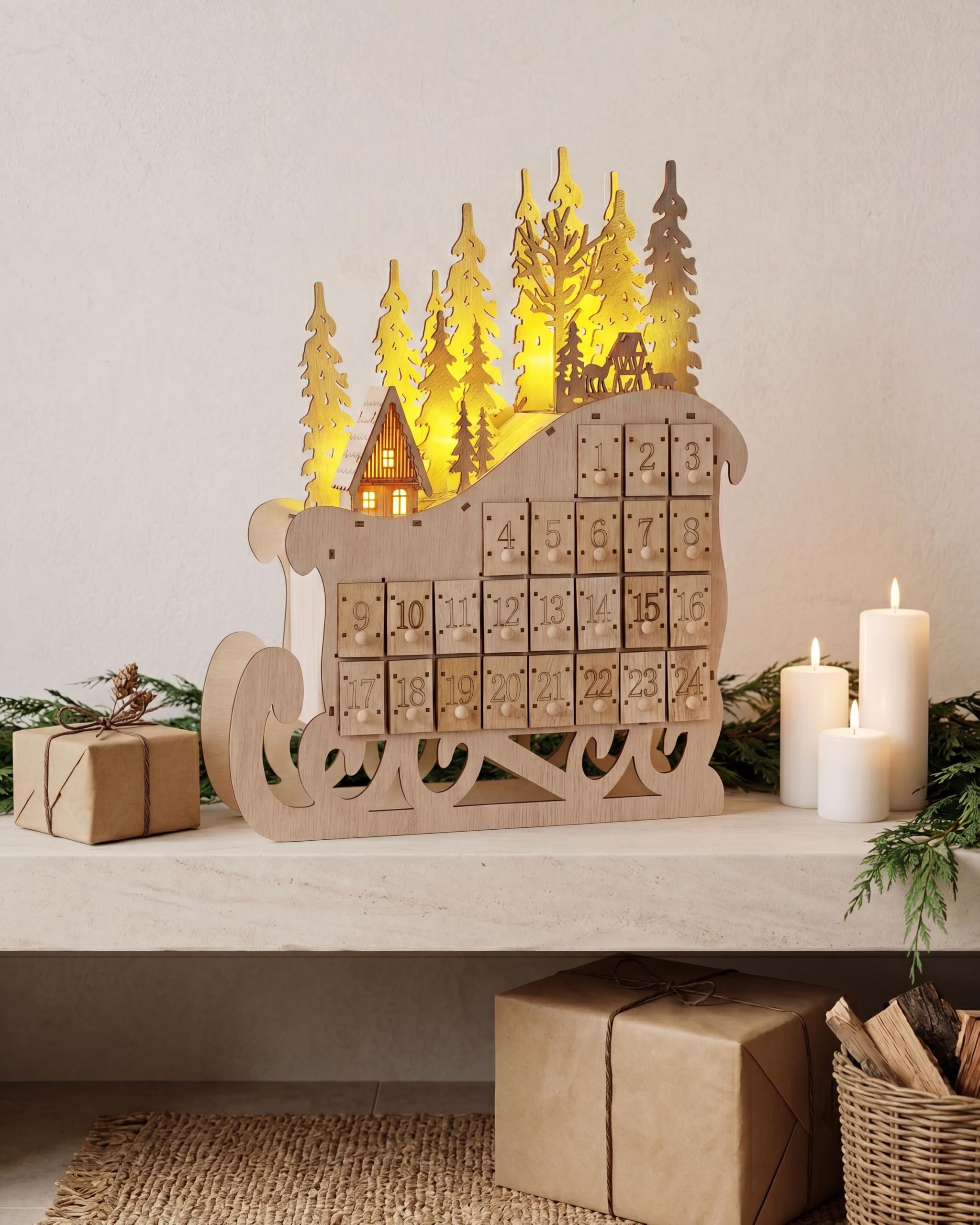 Beliani Deko LED Adventskalender Holz Hellbraun Schlitten zum Befüllen Aufstellen Impala