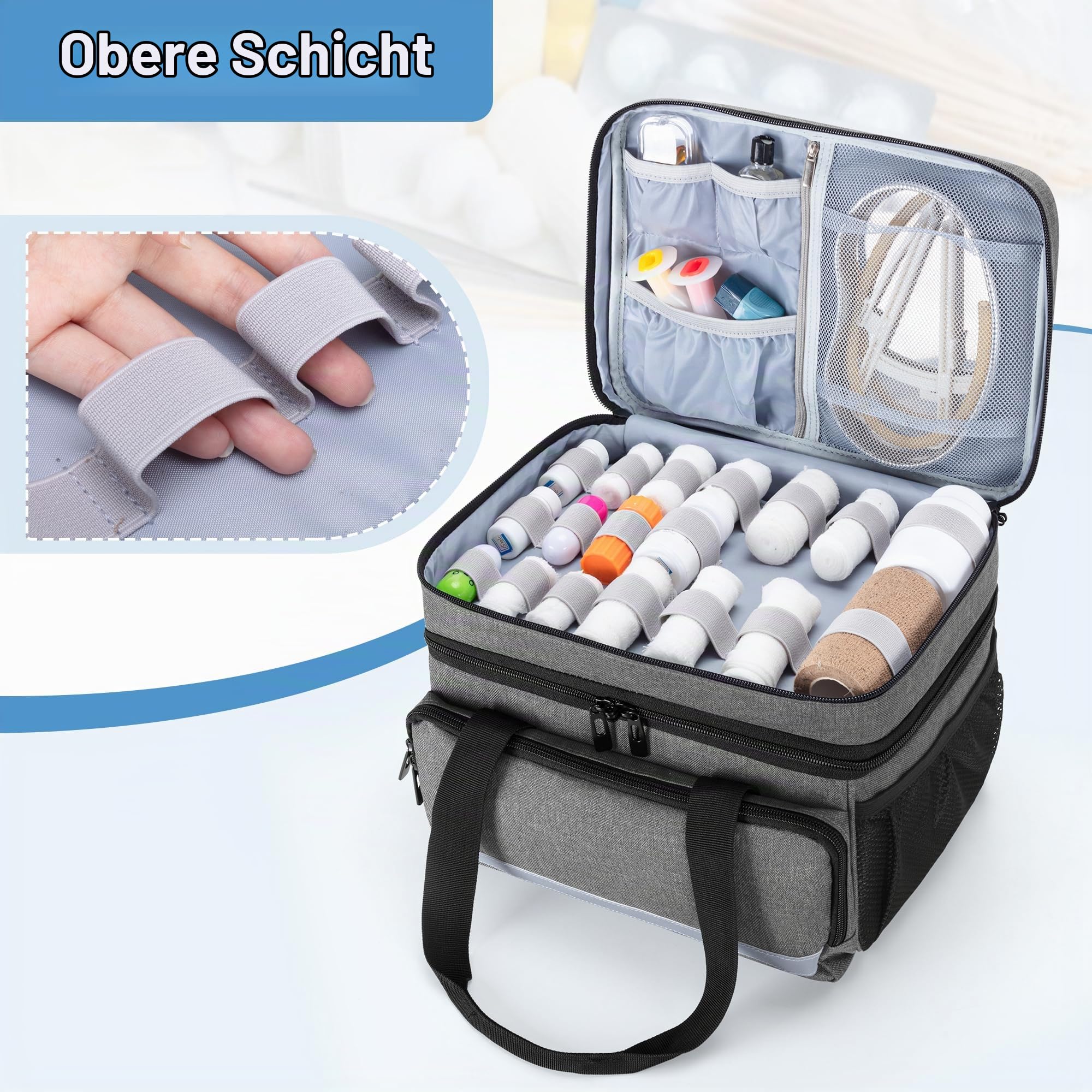 CURMIO Doppelschicht Medizinische Tasche, Reiseapotheke Organizer, Grau