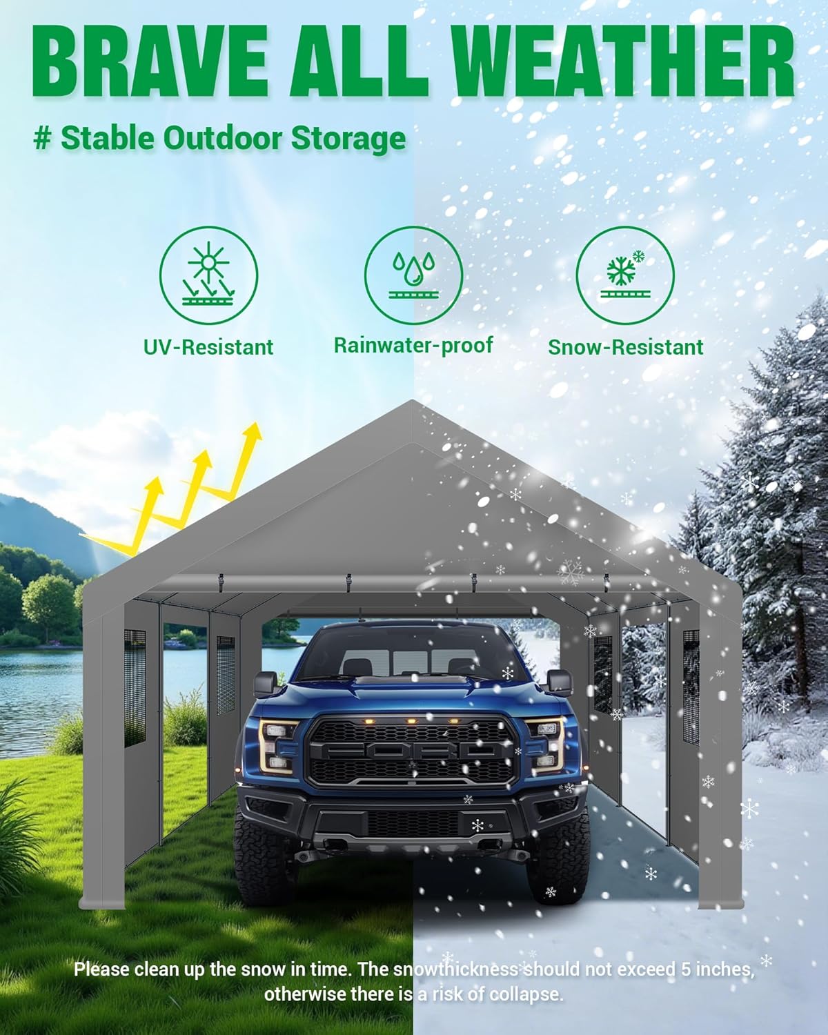 Upgraded 13x20ft Heavy Duty Carport,Features Roll-up Windows & Doors, Portable Garage with UV Resistant Waterproof All-Season Tarp for Car, Truck, Boat - Image 4