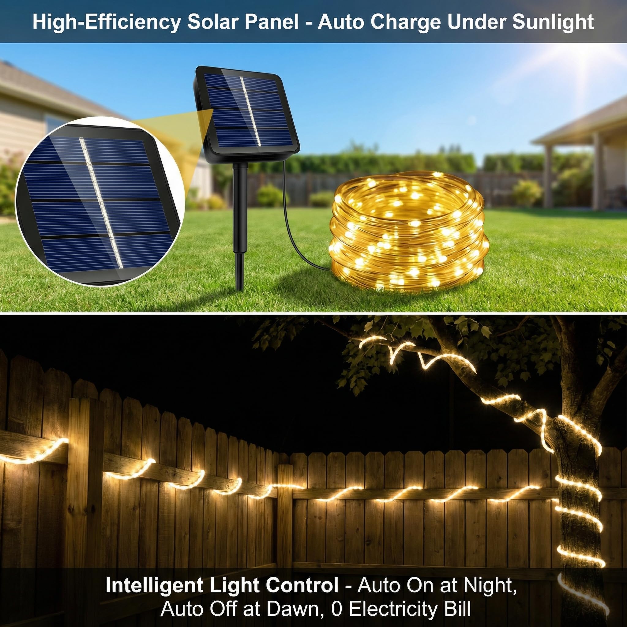 Guirnalda de luces LED solar para exterior, 10 m, 100 LED, impermeable IP45, 8 modos, luz blanca cálida ajustable, tubo LED para jardín, fiesta, decoración navideña