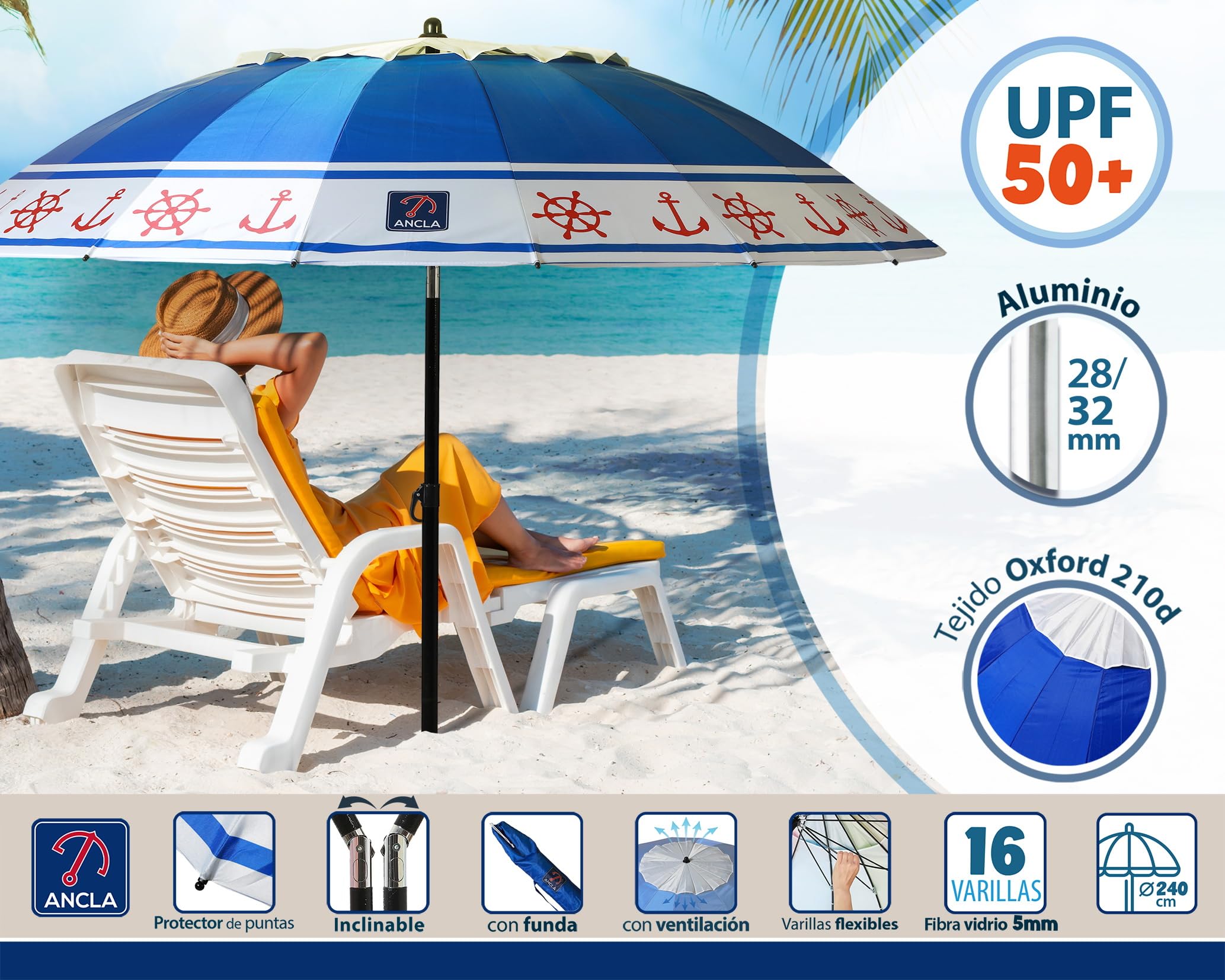 ATOSA atosa sombrilla de playa de aluminio modelo anclas y timón con upf 50+ azul