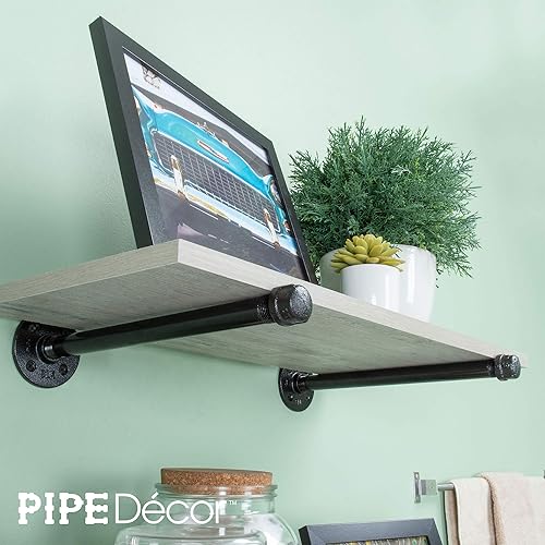 Miniatura 6 de Pipe DÉCOR - Juego de 4 soportes industriales galvanizados de acero negro para estantes colgantes, soporte montado en la pared, pre-sellado y listo