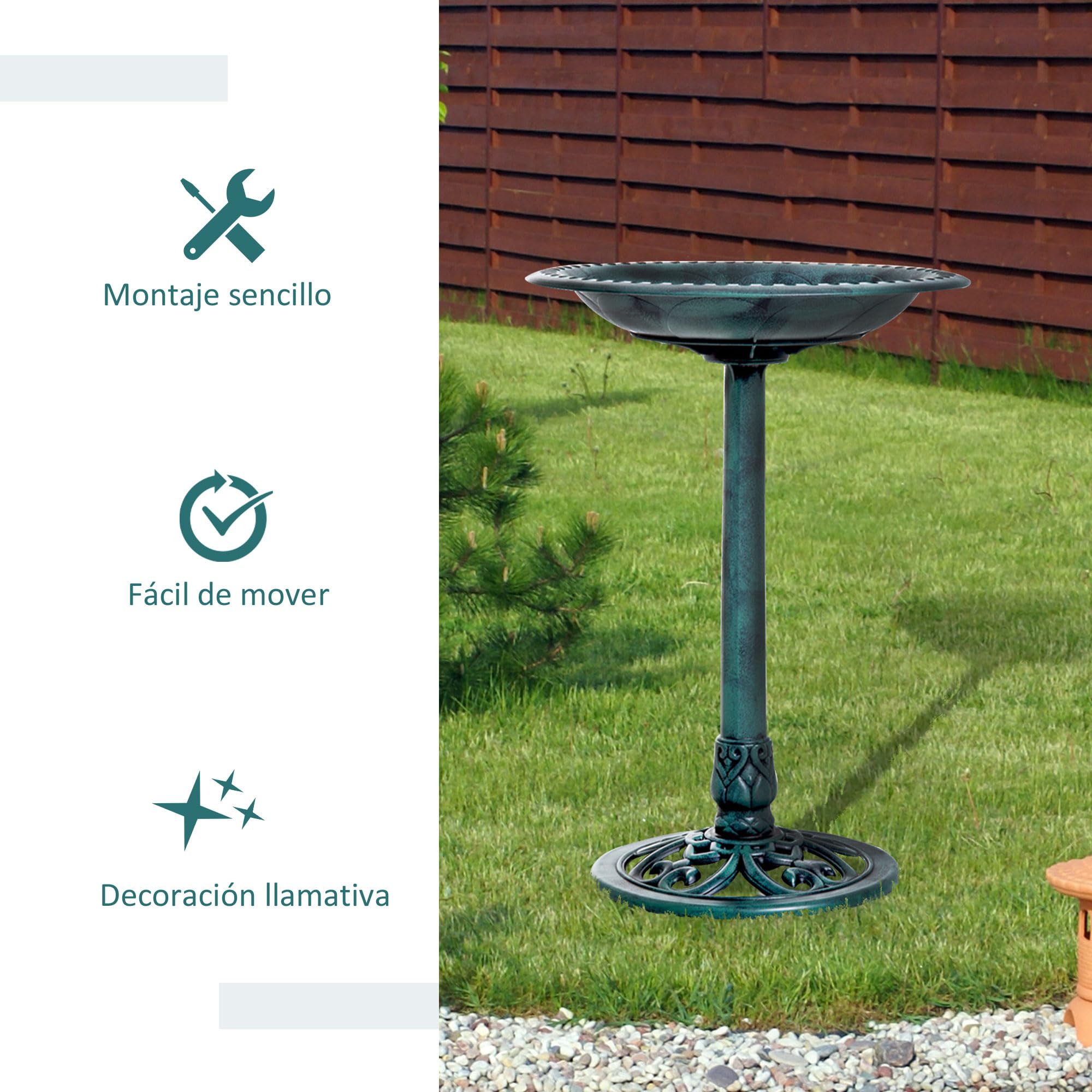 Outsunny Baño para Pájaros de Jardín al Aire Libre, Altura 70 cm, Comedero para Pájaros con Diseño de Flor de lis y Acabado Envejecido, Ligero y Resistente, Bebedero para Aves, Verde