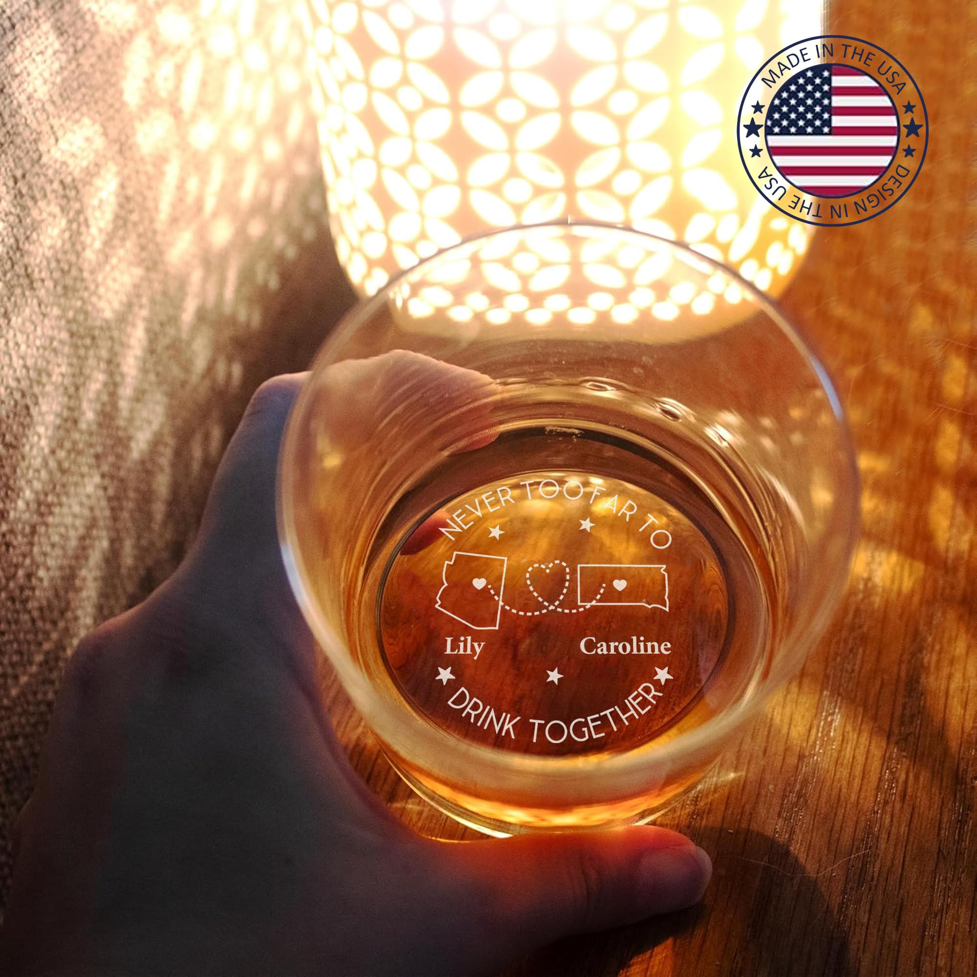 Never Too Far to Drink Together Whiskey Glass - Custom Bottom Engraved Long Distance Friendship Gift for Men & Women, Personalized Birthday Gifts for Friends, Boyfriends, Leaving Gifts (State)