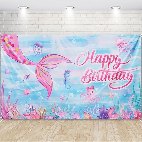 Telón de fondo de sirena de acuarela decoración de fiesta de sirena de 73 x 43 pulgadas pancarta de feliz cumpleaños para niñas suministros de
