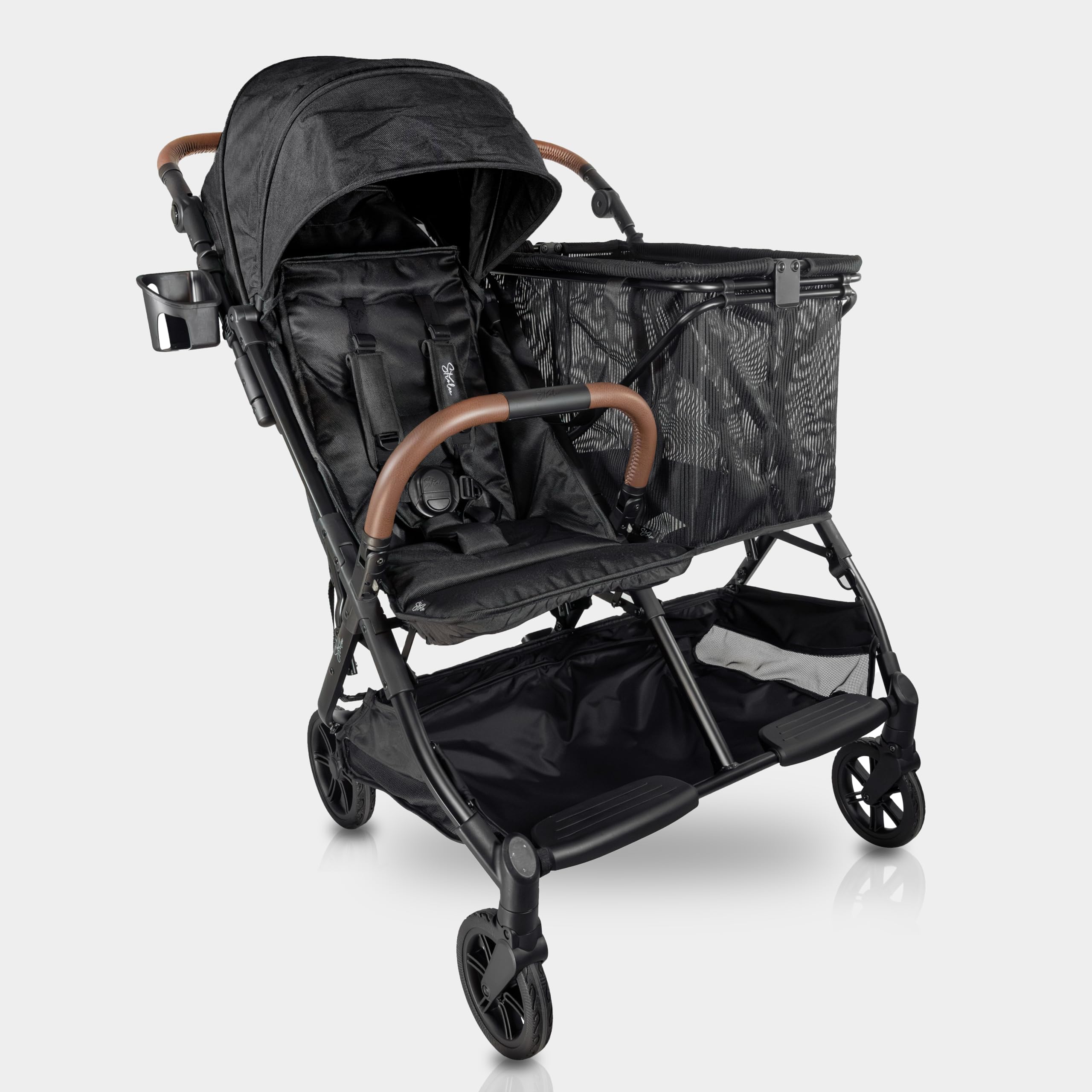 Strolee Baby+ v2 Multi Use Baby & Toddler Stroller & Removable Personal Shopping Bag Lightweight Alternative for Wagon Strollers -Near Flat Recline, X-L Canopy, Parent Cup Holder (v2 Black)