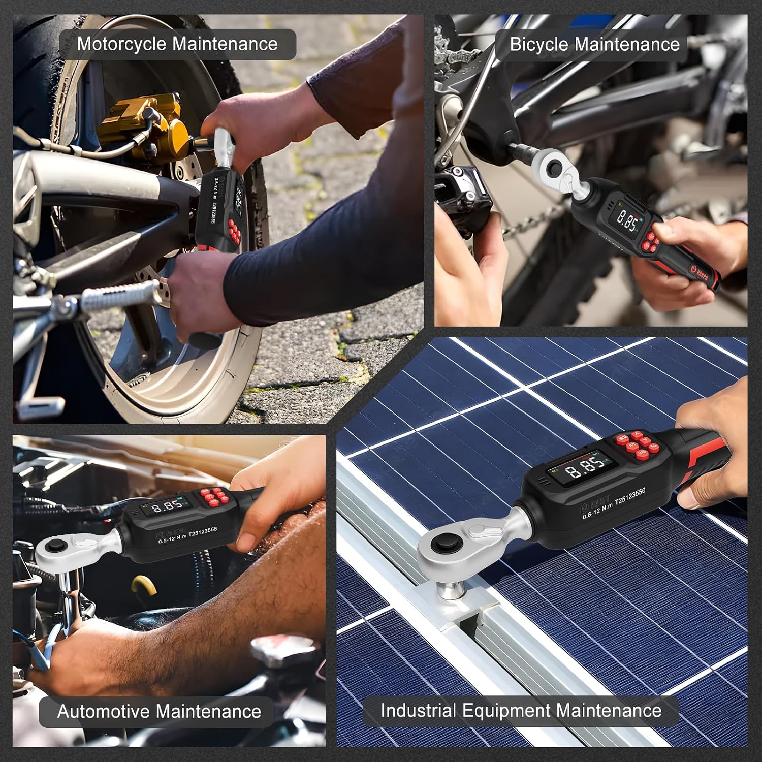 Image showing the VANPO Digital Torque Wrench being used for motorcycle, bicycle, automotive, and industrial equipment maintenance