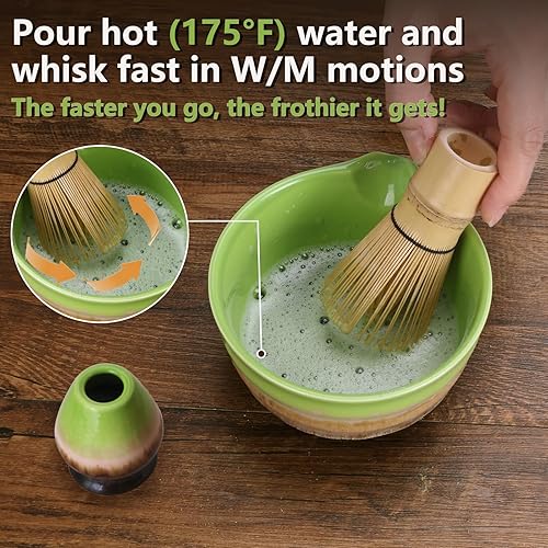Miniatura 4 de Juego de batidor de matcha, batidor de bambú Chasen, cuenco de matcha verde con boquilla, cuchara de chashaku, tamiz, batidor de matcha y soporte