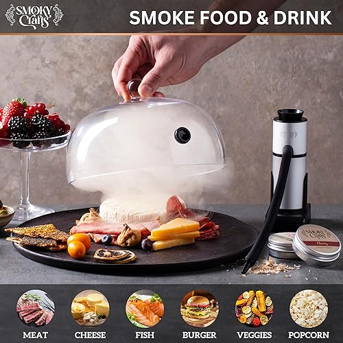 Miniatura 3 de Kit de ahumador de alimentos y bebidas con pistola de humo, cúpula de vidrio Cloche para fumar de 8 pulgadas, tapa de humo de cóctel de acacia y